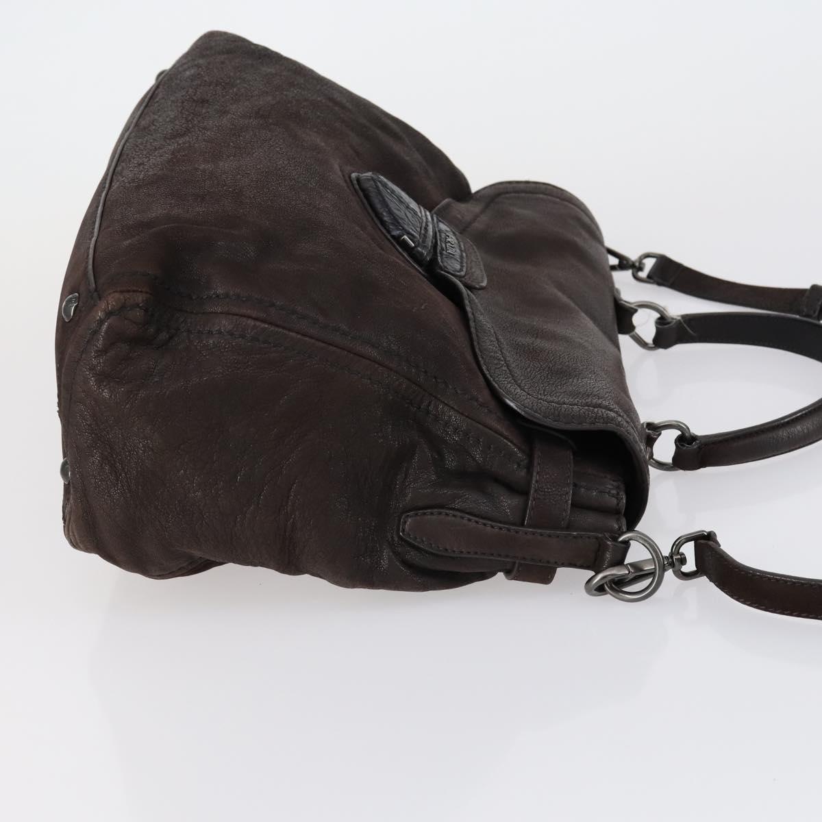 PRADA Hand Bag Leather 2way Brown Silver Auth 153083