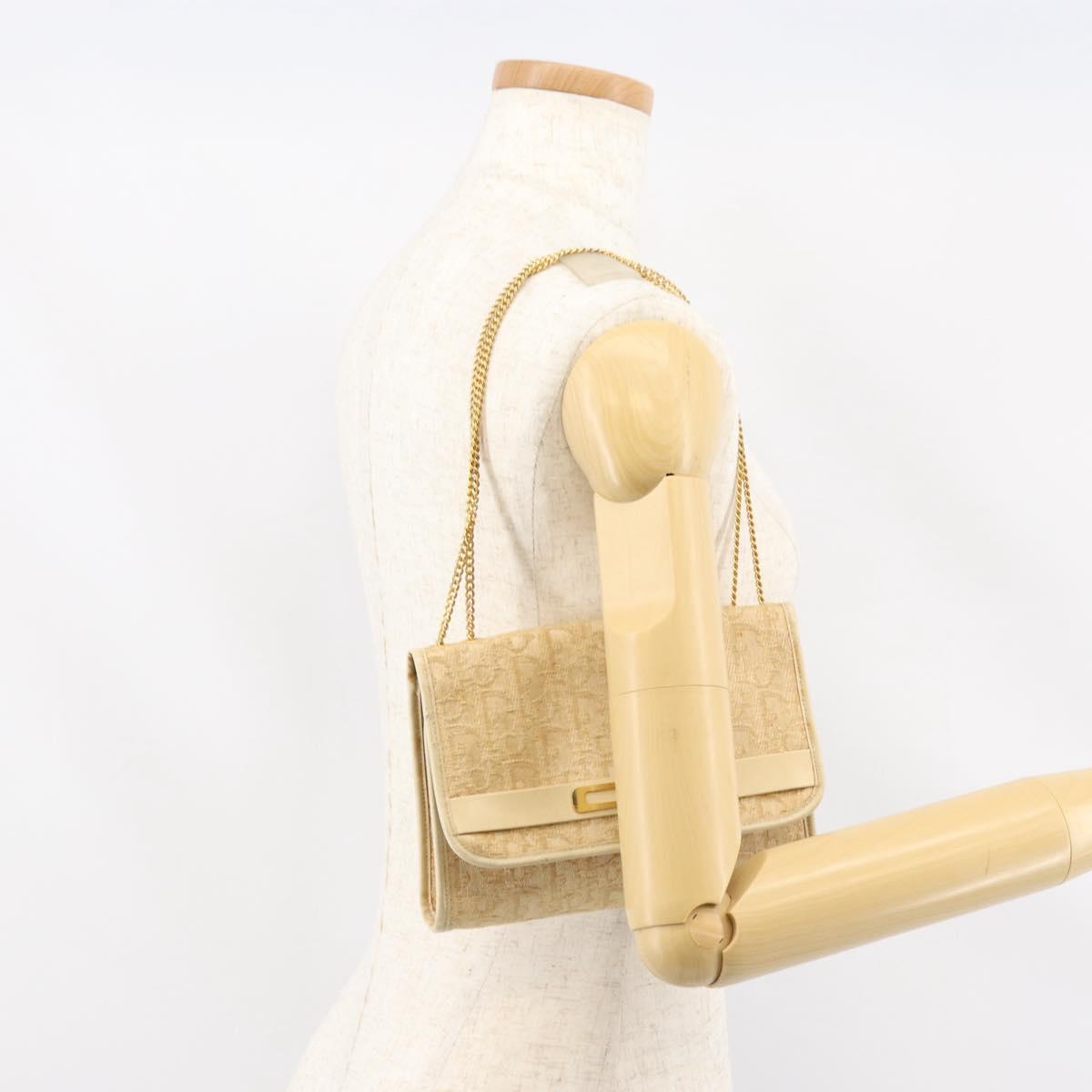 Christian Dior Trotter Canvas Chain Shoulder Bag Beige Gold Auth 153098