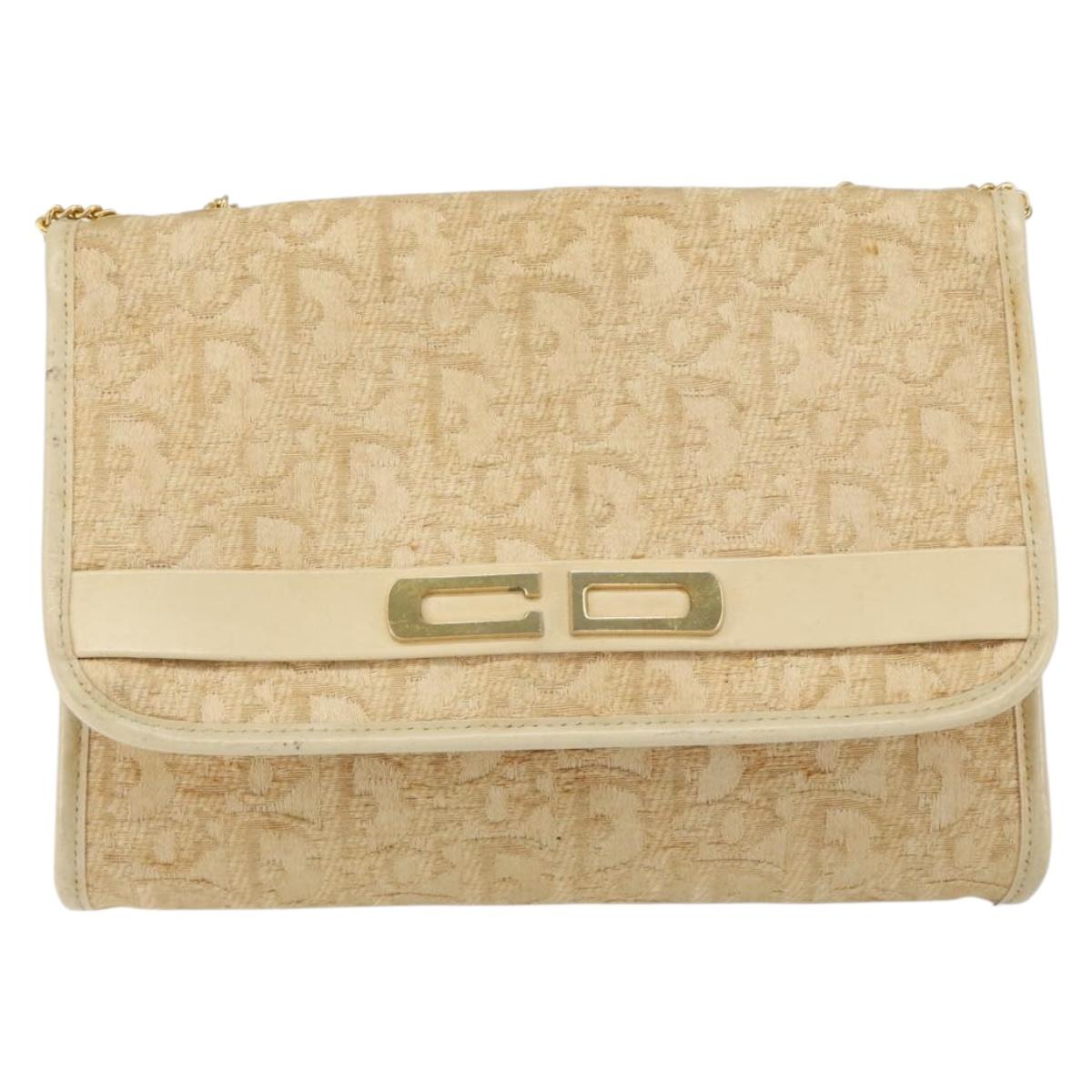 Christian Dior Trotter Canvas Chain Shoulder Bag Beige Gold Auth 153098