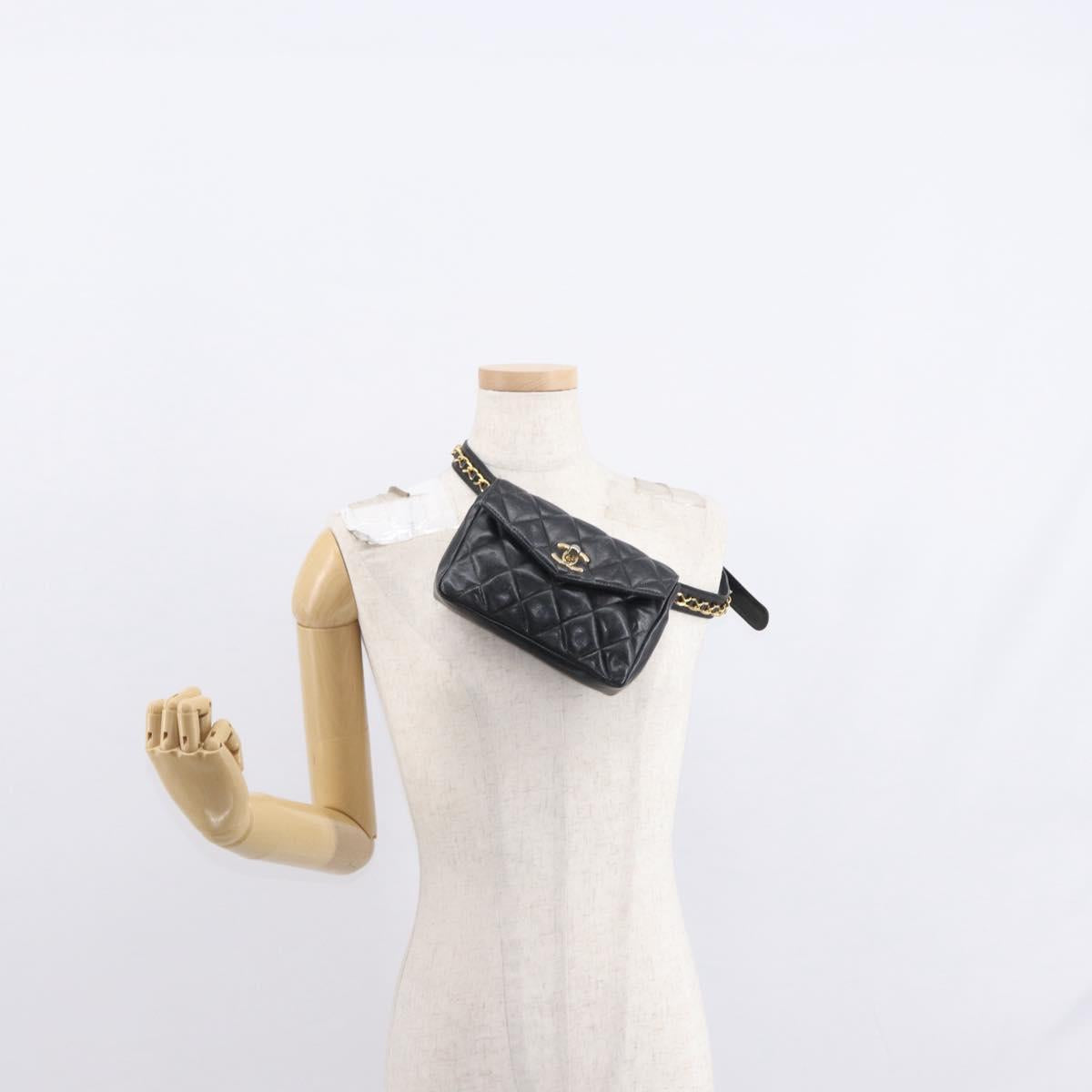 CHANEL COCO Mark Matelasse Waist bag Leather Black Gold CC Auth 153101