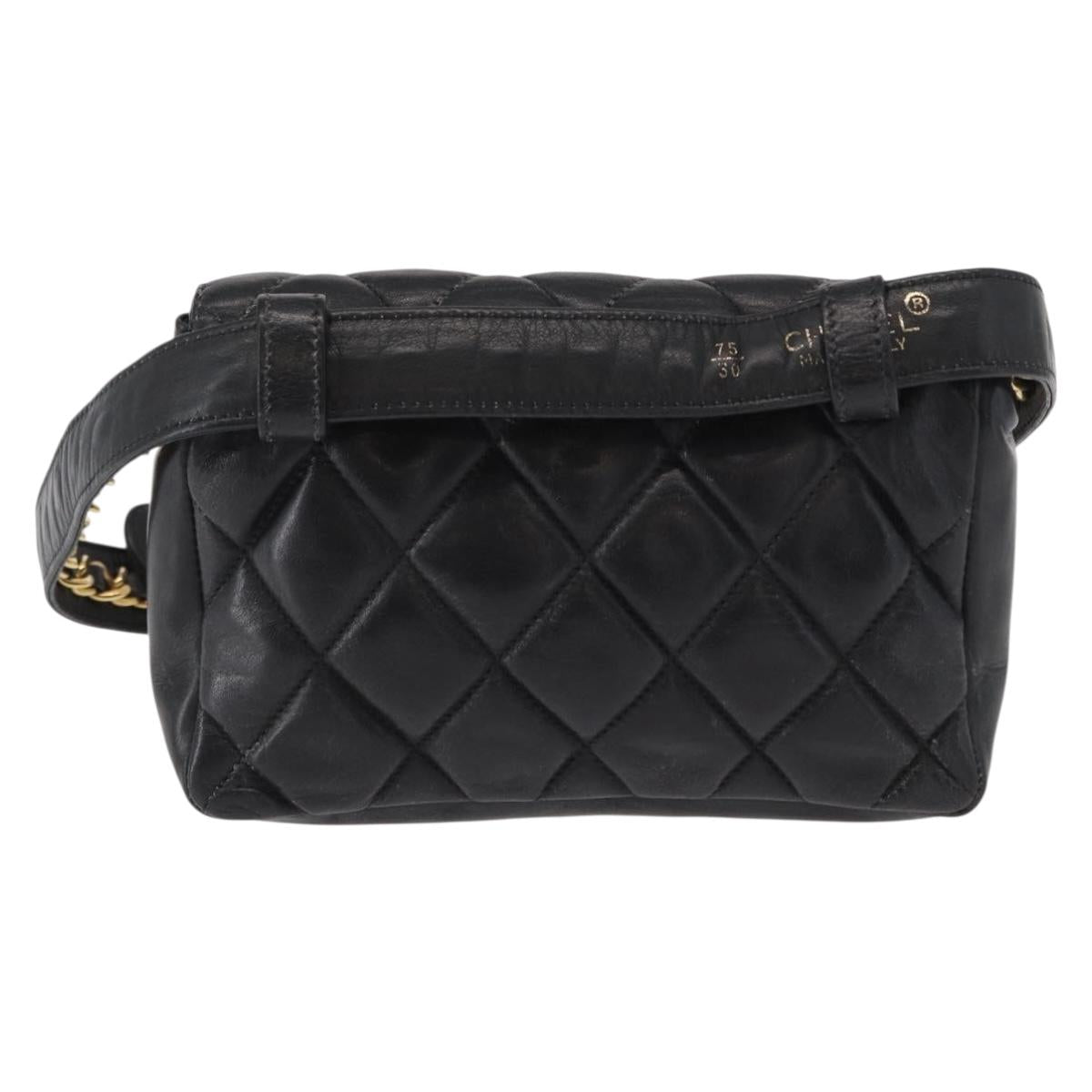 CHANEL COCO Mark Matelasse Waist bag Leather Black Gold CC Auth 153101