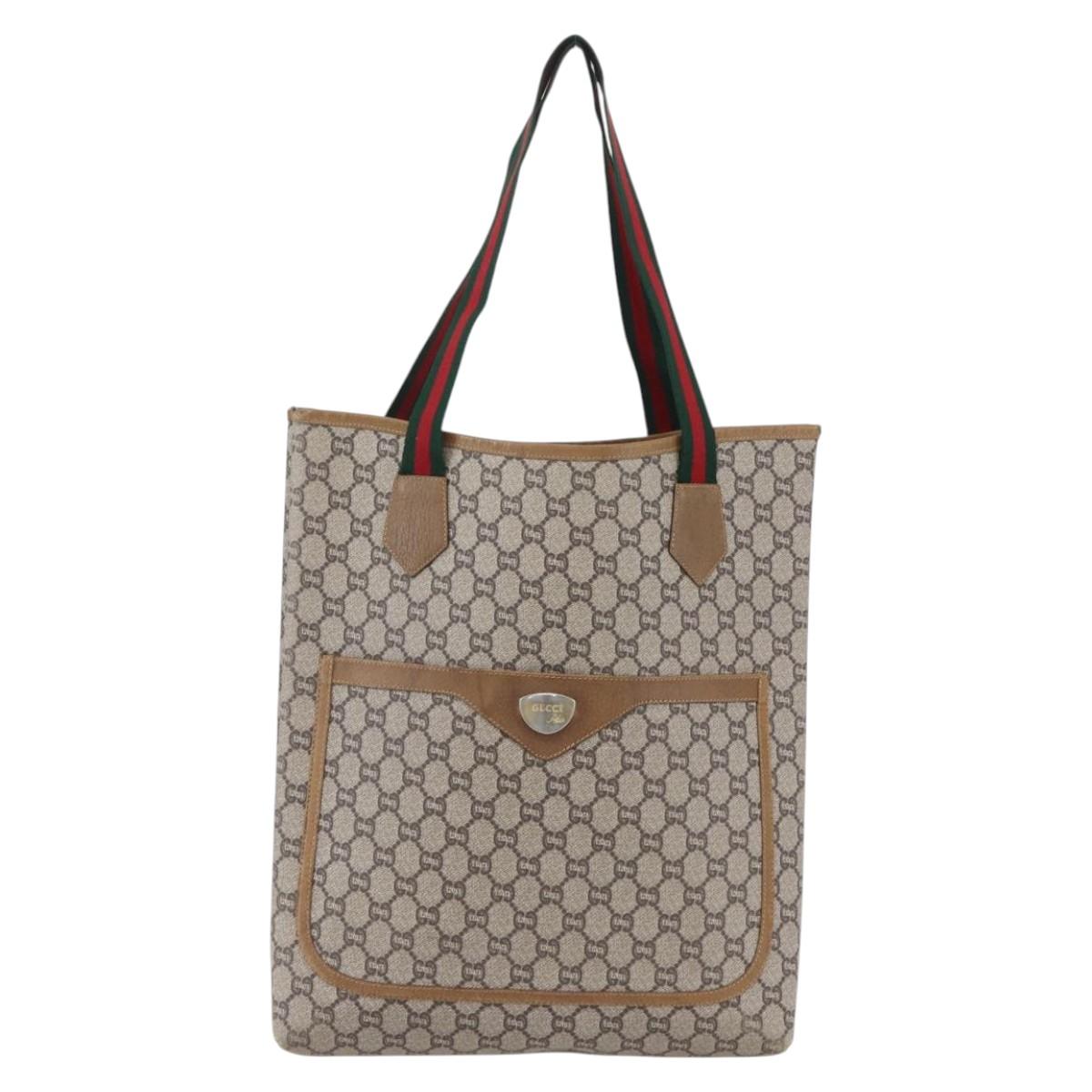 GUCCI GG Plus Supreme Web Sherry Line Tote Bag PVC Beige Red Auth 153107