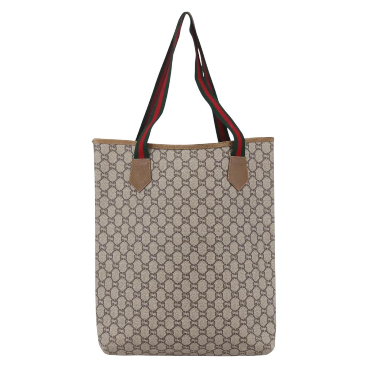 GUCCI GG Plus Supreme Web Sherry Line Tote Bag PVC Beige Red Auth 153107