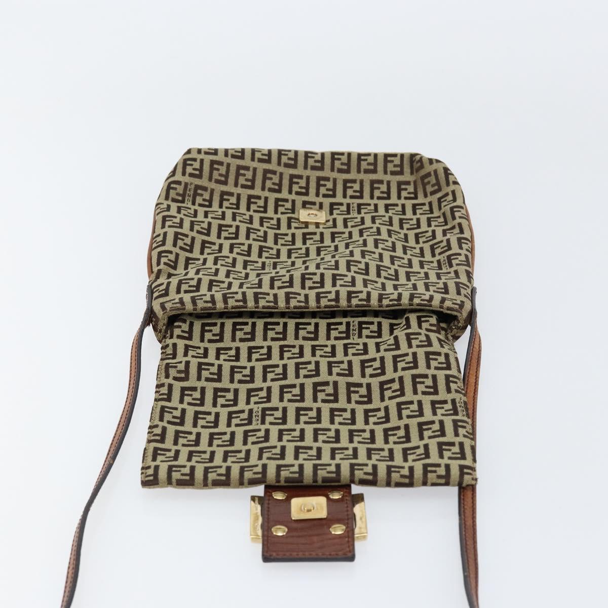 FENDI Zucchino Canvas Shoulder Bag Beige Gold Auth 153110