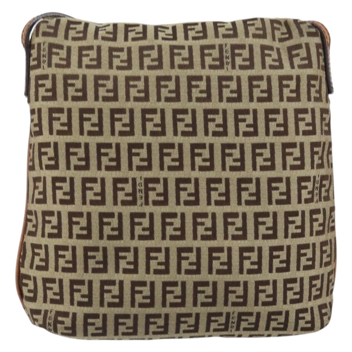 FENDI Zucchino Canvas Shoulder Bag Beige Gold Auth 153110