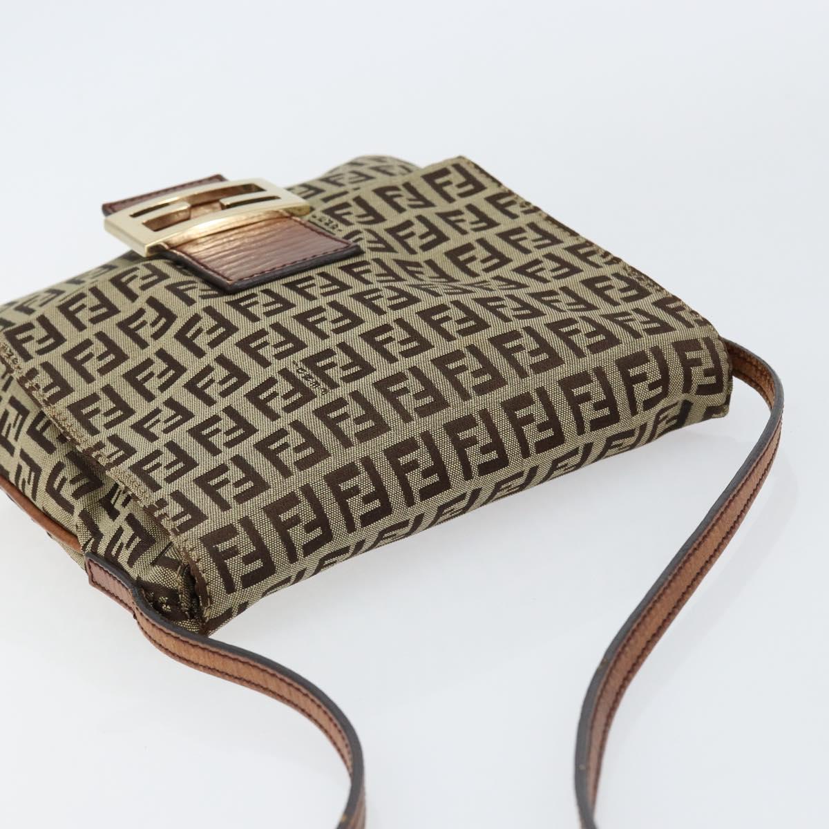 FENDI Zucchino Canvas Shoulder Bag Beige Gold Auth 153110