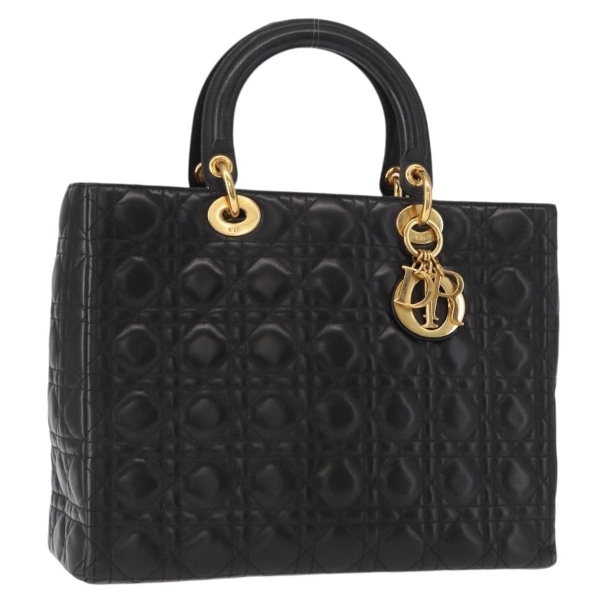 Christian Dior Canage Lady Dior Hand Bag Lamb Skin Black Gold Auth 153111