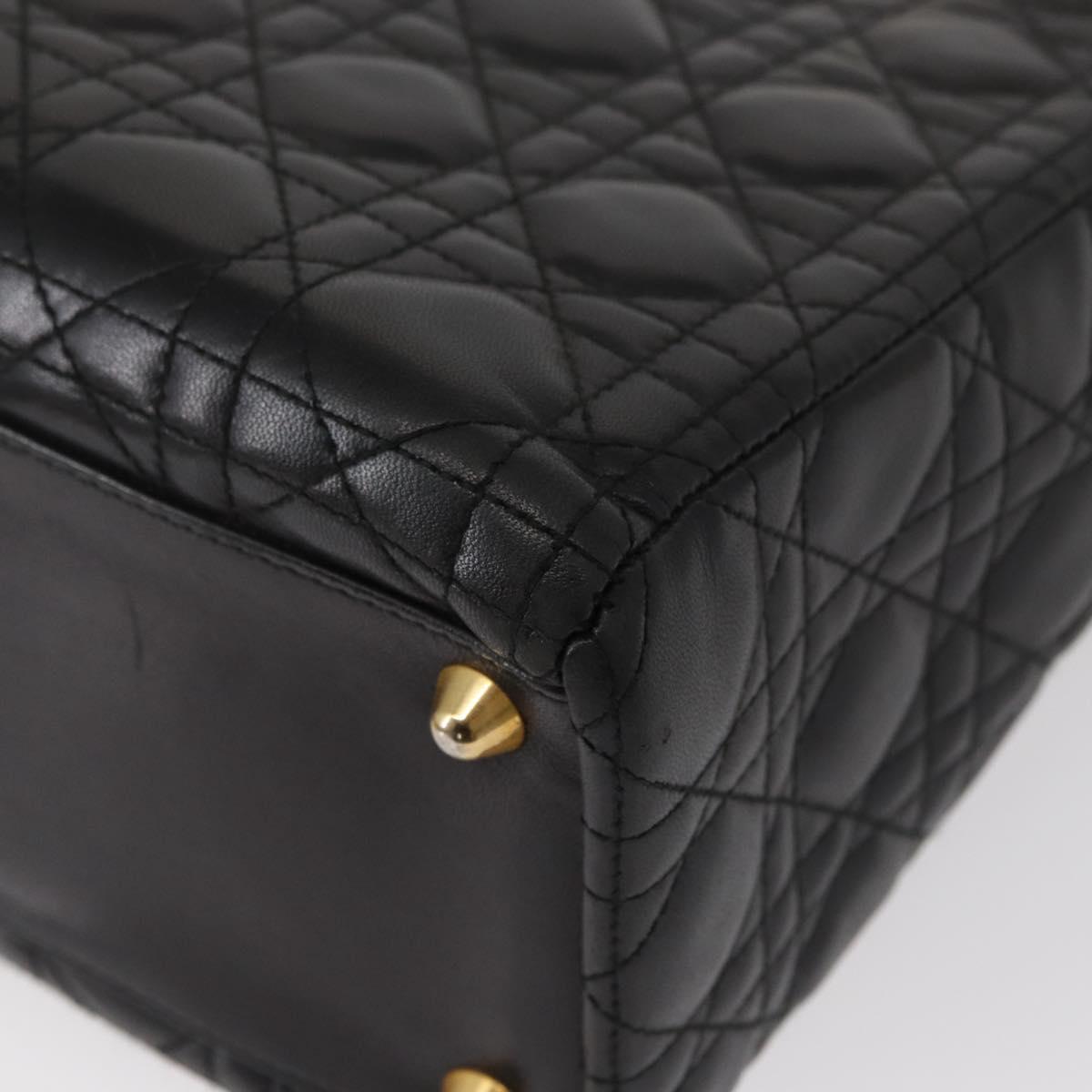 Christian Dior Canage Lady Dior Hand Bag Lamb Skin Black Gold Auth 153111