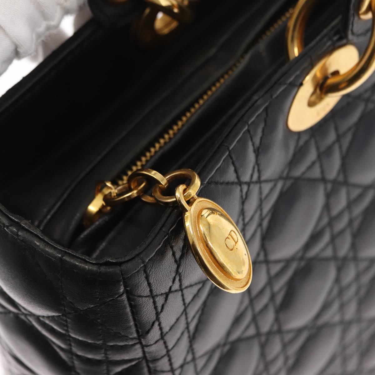 Christian Dior Canage Lady Dior Hand Bag Lamb Skin Black Gold Auth 153111