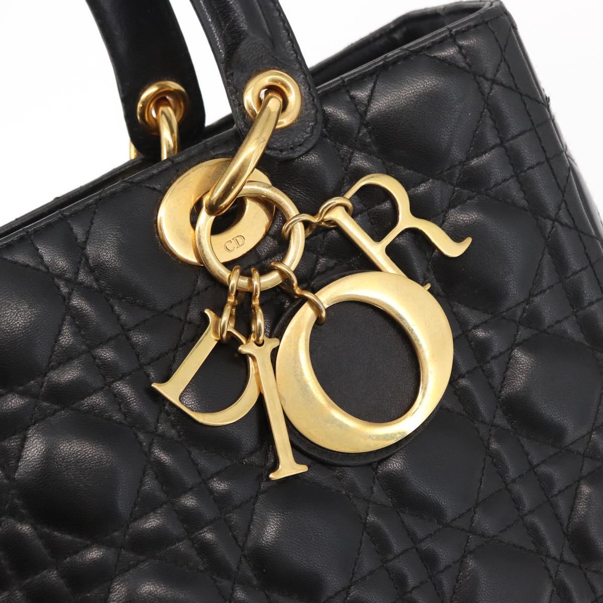 Christian Dior Canage Lady Dior Hand Bag Lamb Skin Black Gold Auth 153111
