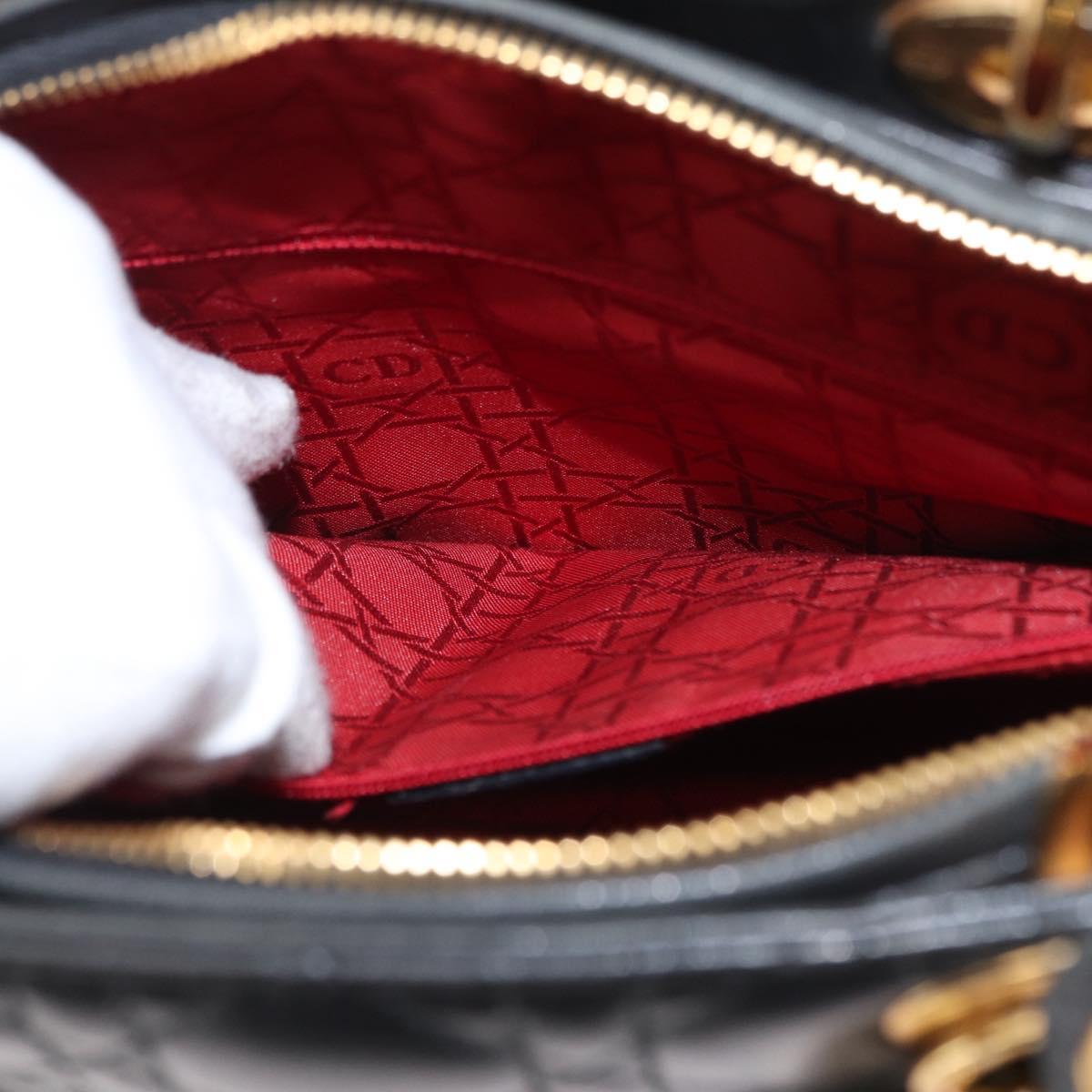 Christian Dior Canage Lady Dior Hand Bag Lamb Skin Black Gold Auth 153111