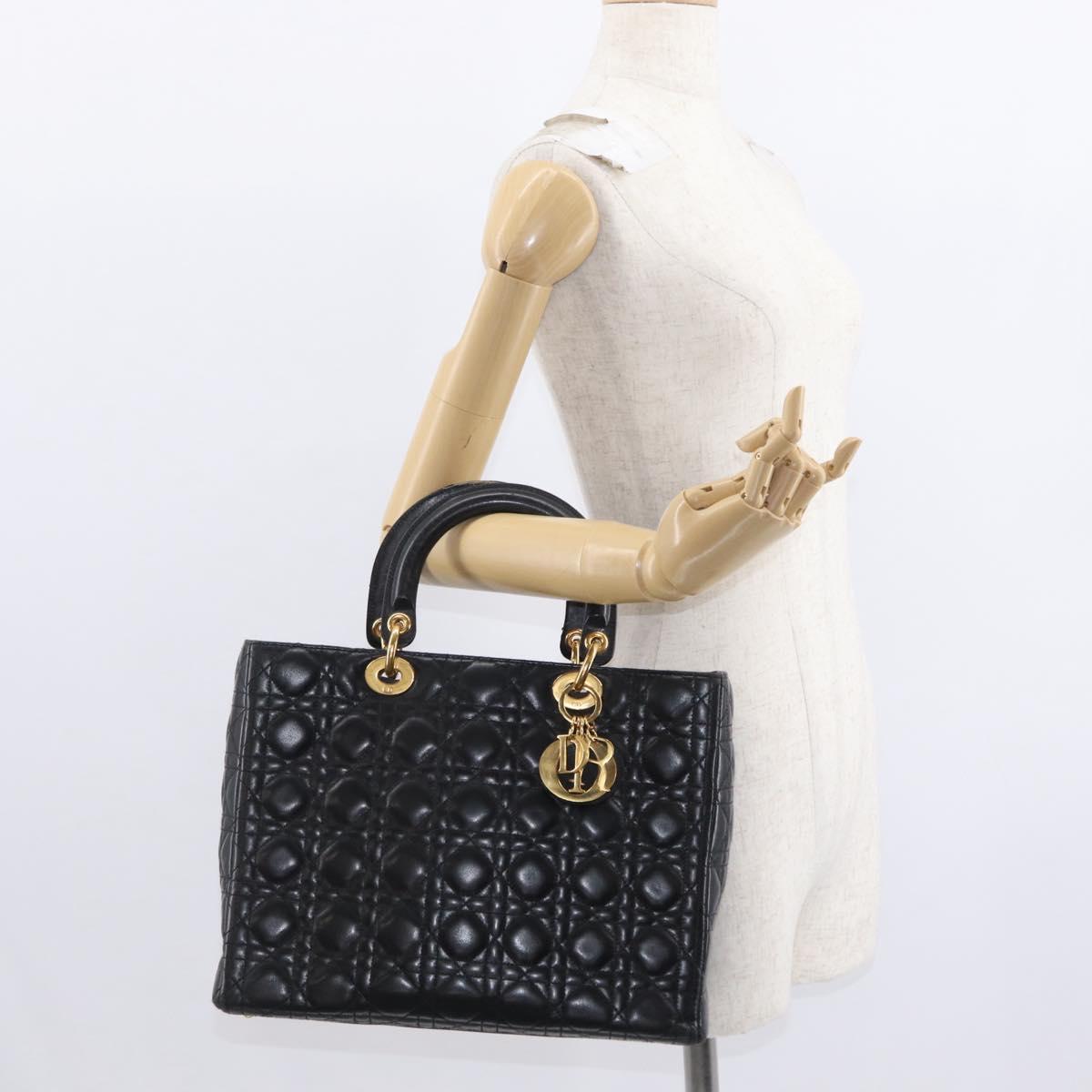 Christian Dior Canage Lady Dior Hand Bag Lamb Skin Black Gold Auth 153111