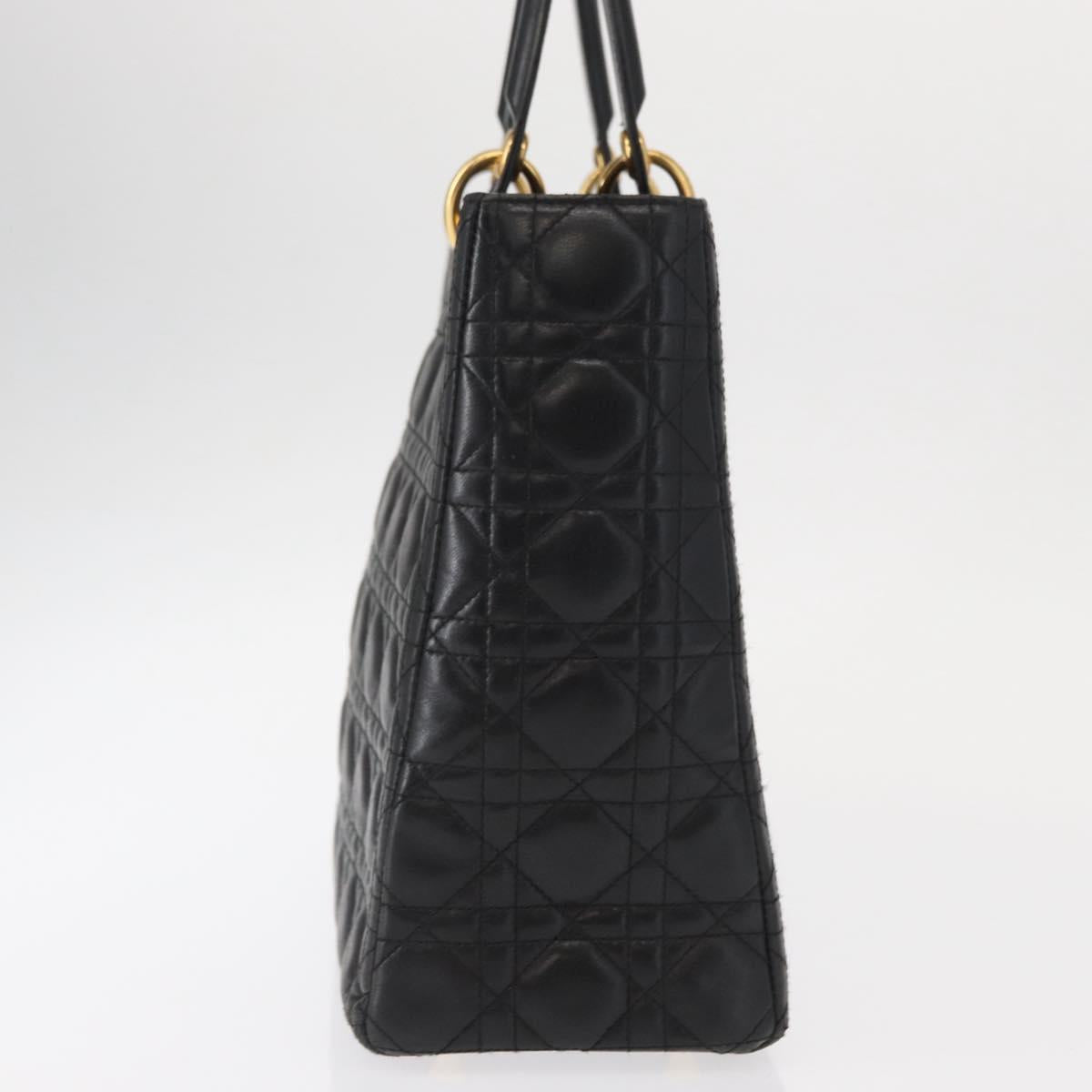Christian Dior Canage Lady Dior Hand Bag Lamb Skin Black Gold Auth 153111