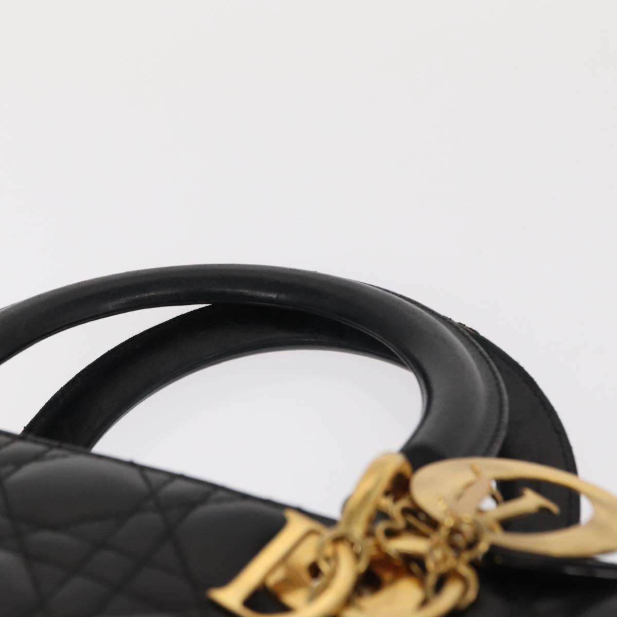 Christian Dior Canage Lady Dior Hand Bag Lamb Skin Black Gold Auth 153111