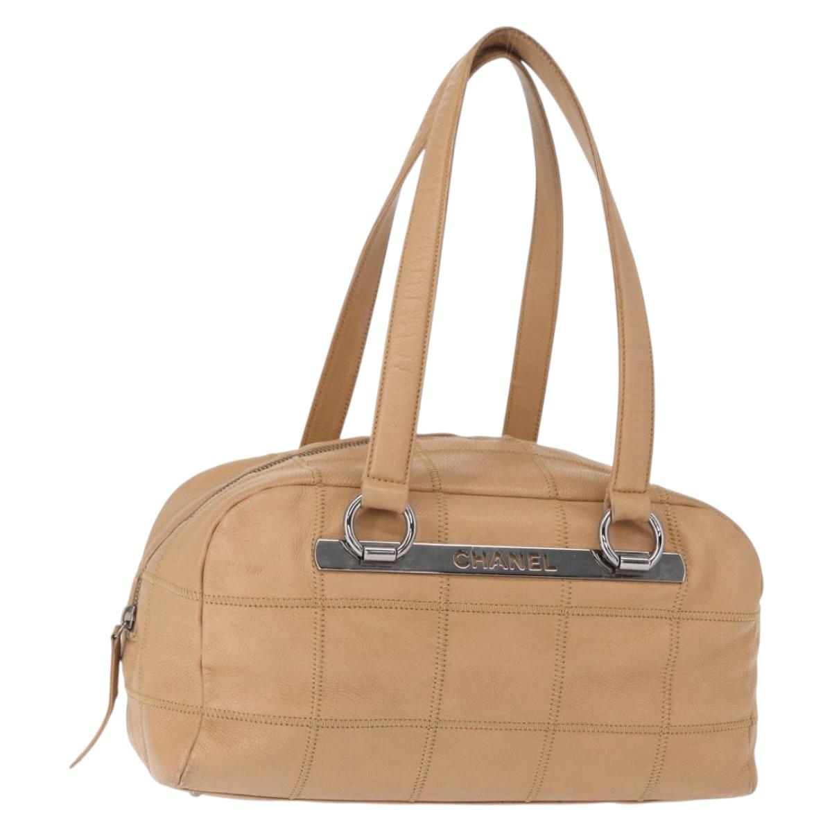 CHANEL Choco Bar Shoulder Bag Caviar Skin Beige Silver CC Auth 153112