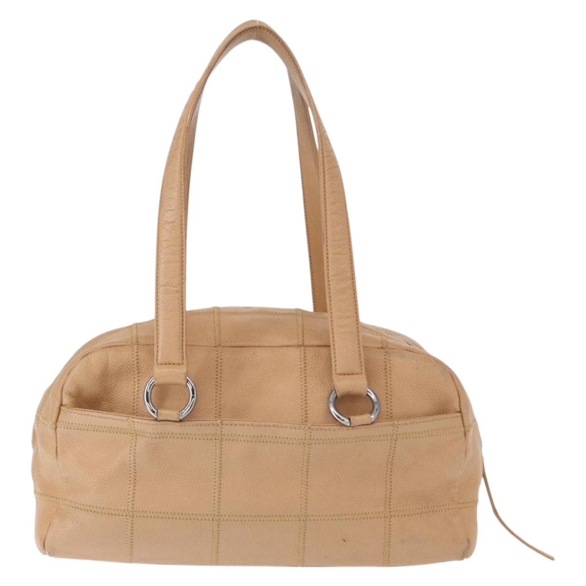 CHANEL Choco Bar Shoulder Bag Caviar Skin Beige Silver CC Auth 153112