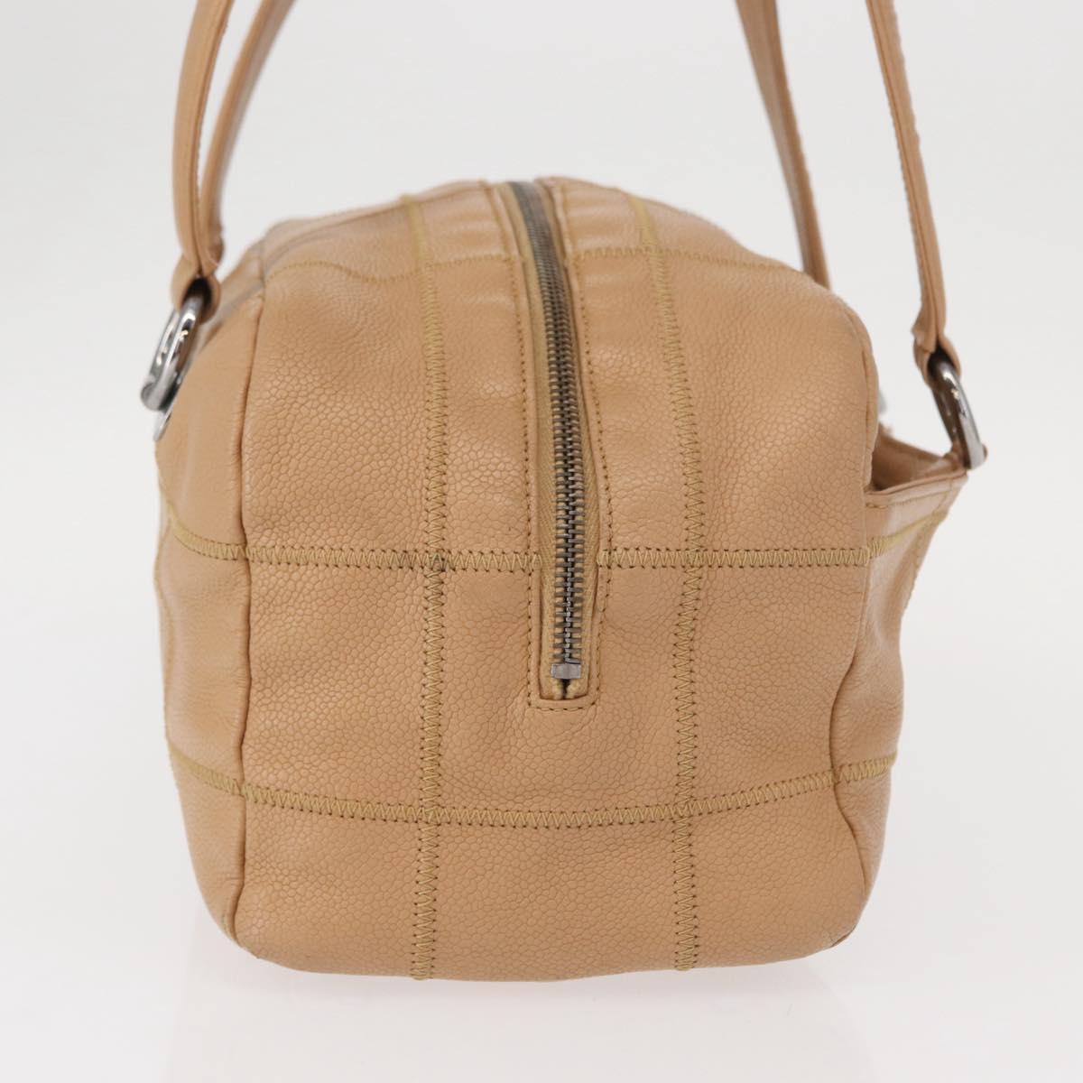 CHANEL Choco Bar Shoulder Bag Caviar Skin Beige Silver CC Auth 153112