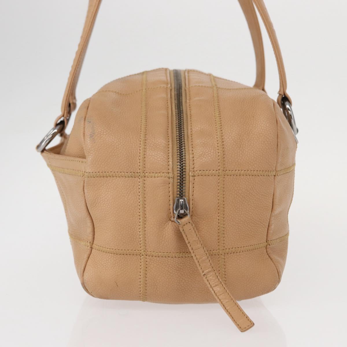 CHANEL Choco Bar Shoulder Bag Caviar Skin Beige Silver CC Auth 153112