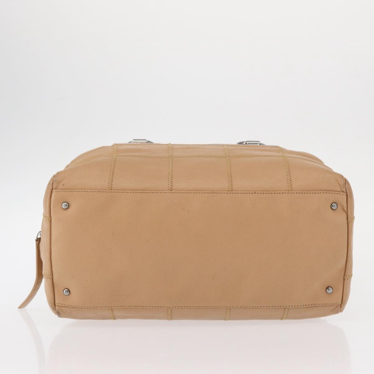 CHANEL Choco Bar Shoulder Bag Caviar Skin Beige Silver CC Auth 153112