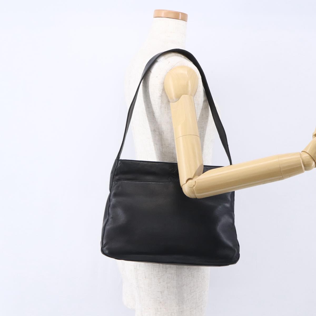 LOEWE anagram Shoulder Bag Leather Black Gold Auth 153121