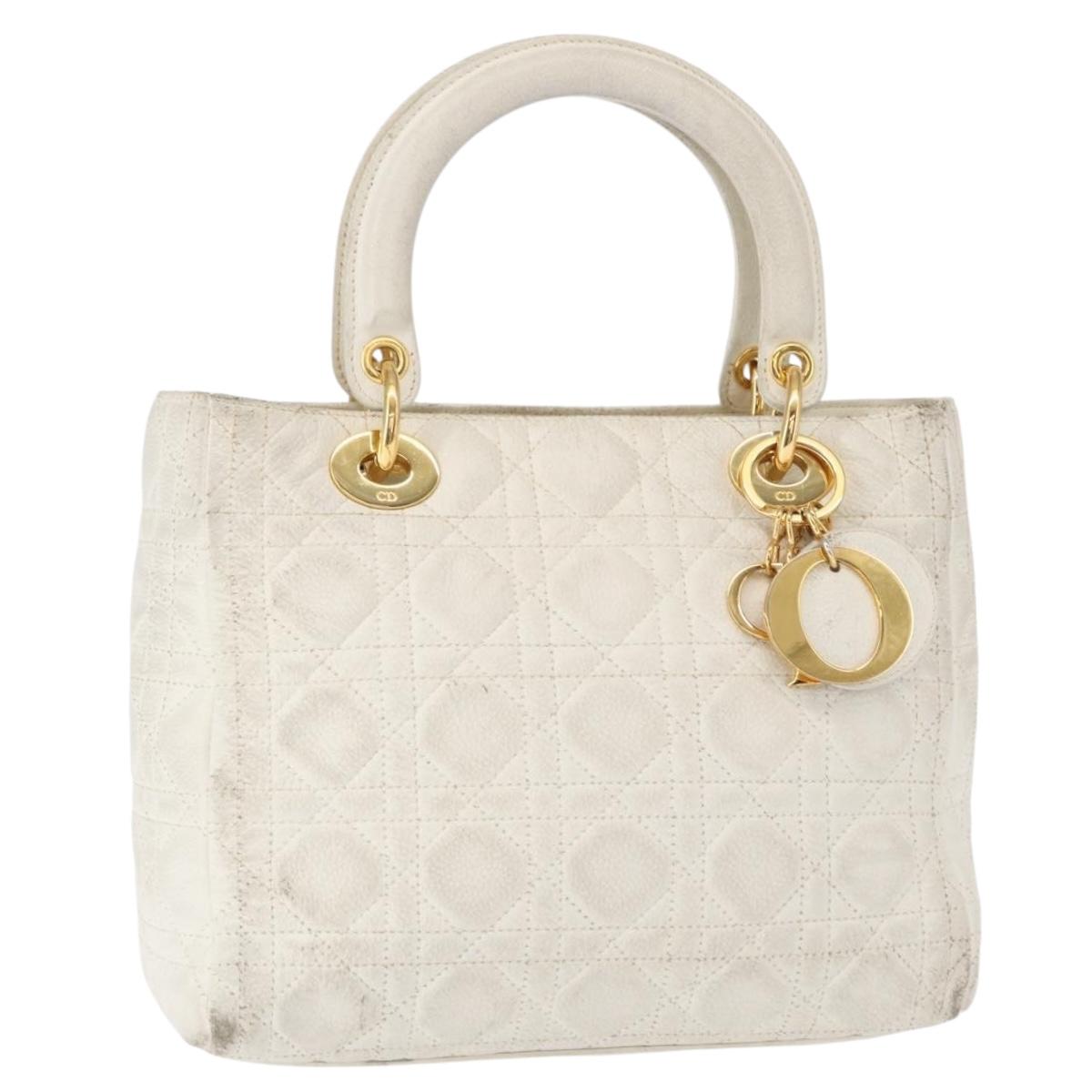 Christian Dior Lady Dior Canage Hand Bag Leather White Gold Auth 153122