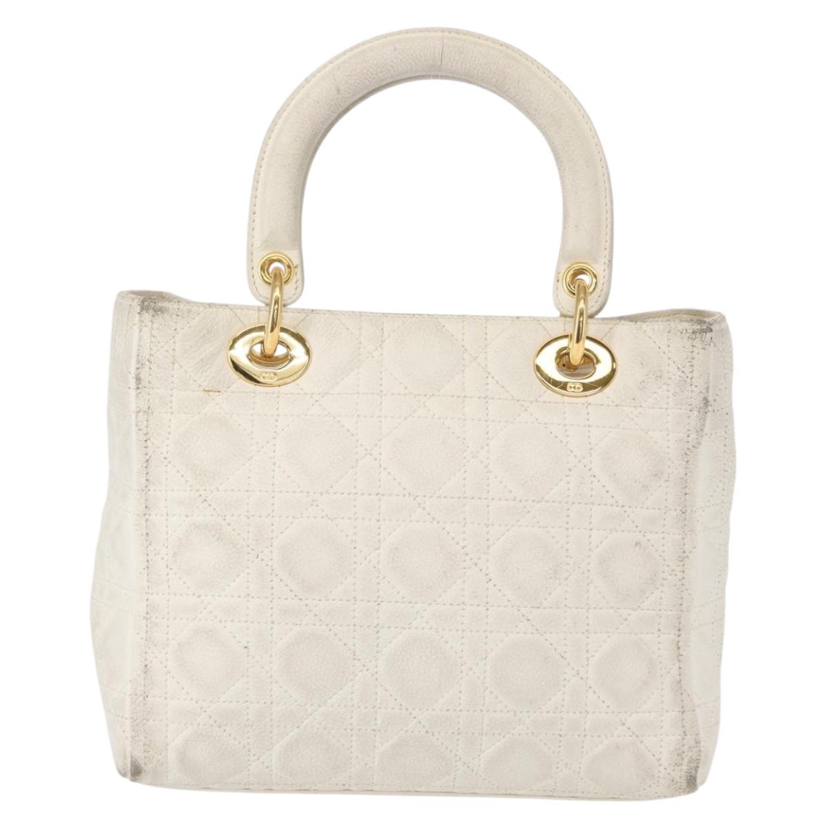 Christian Dior Lady Dior Canage Hand Bag Leather White Gold Auth 153122