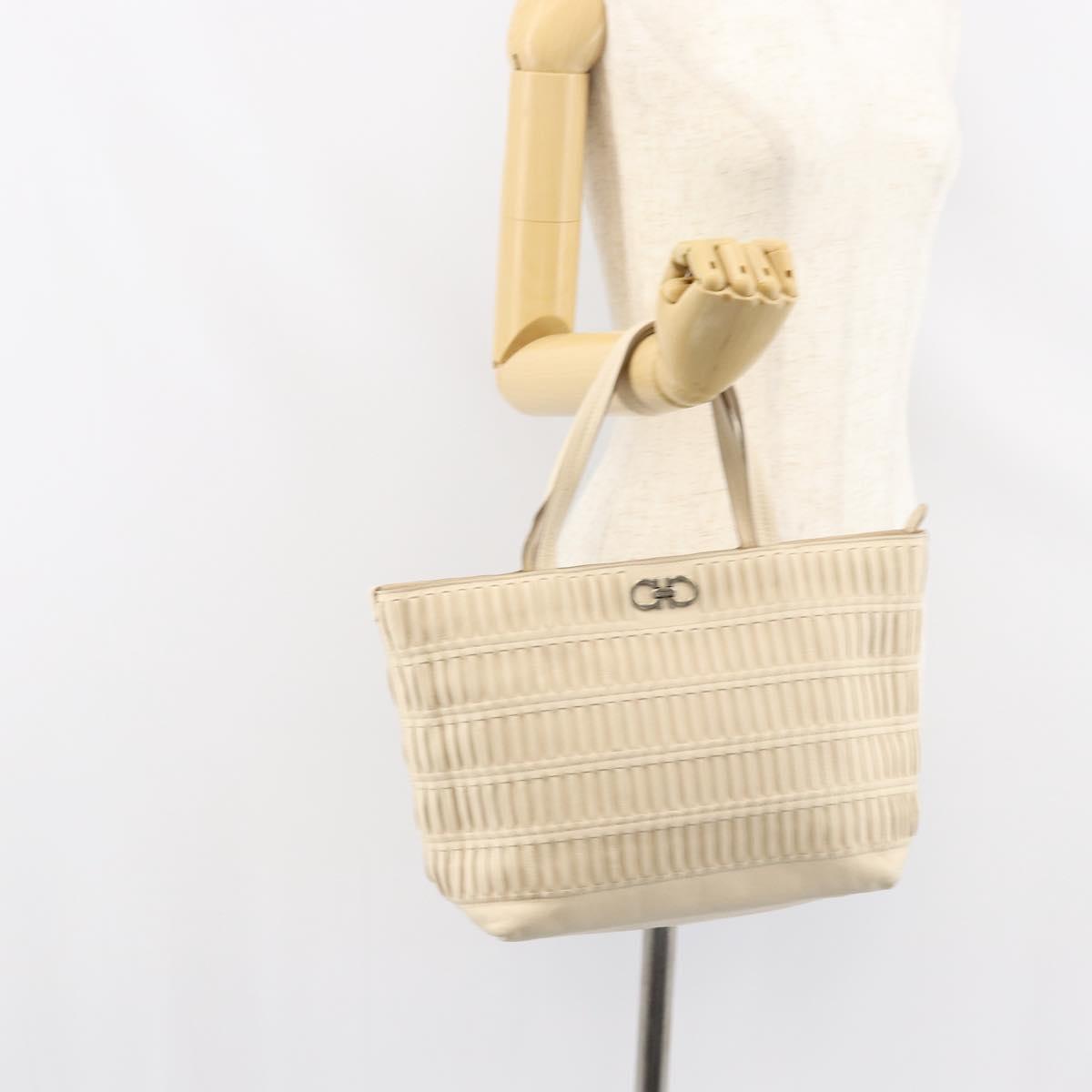 Salvatore Ferragamo Tote Bag Leather Beige Silver Auth 153124