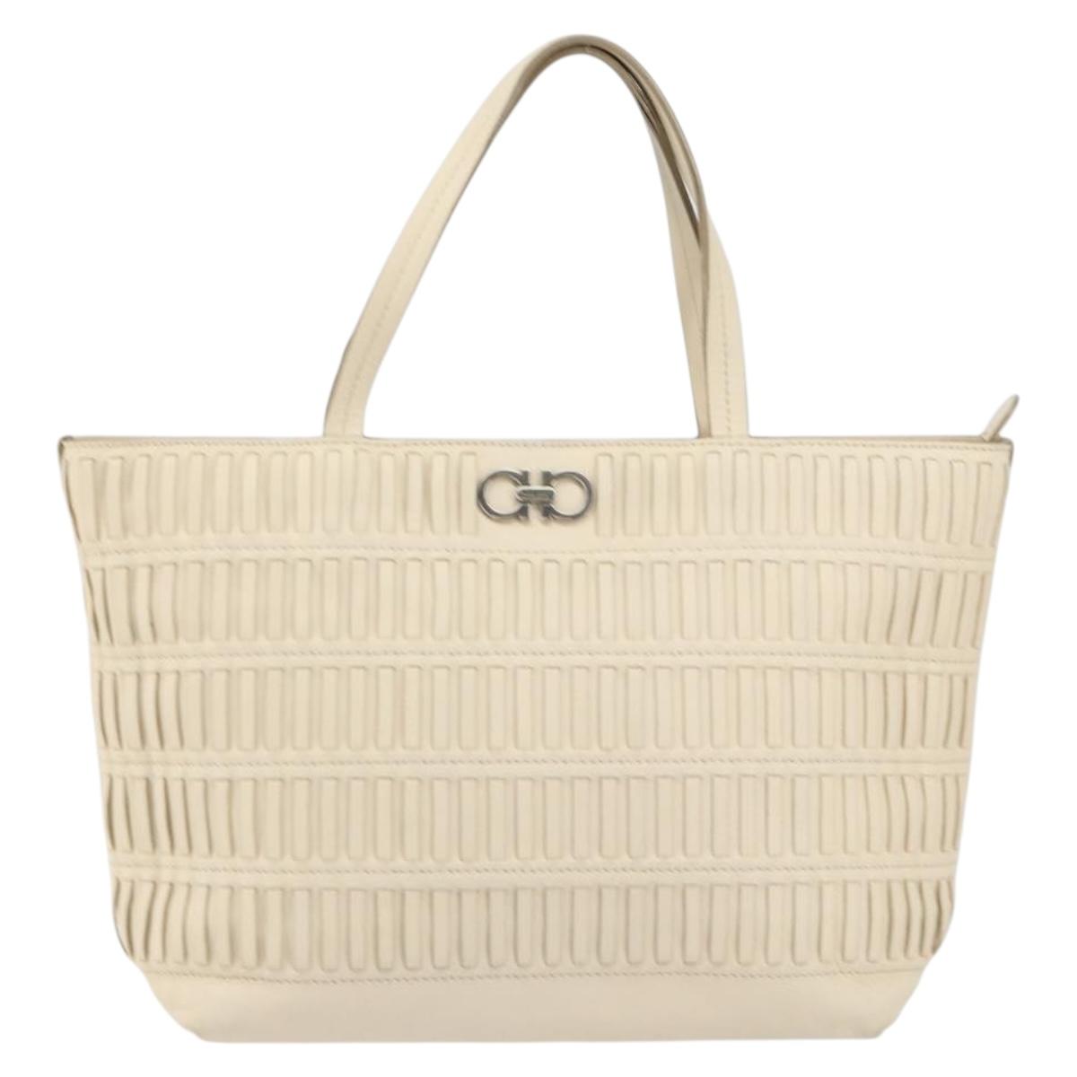 Salvatore Ferragamo Tote Bag Leather Beige Silver Auth 153124