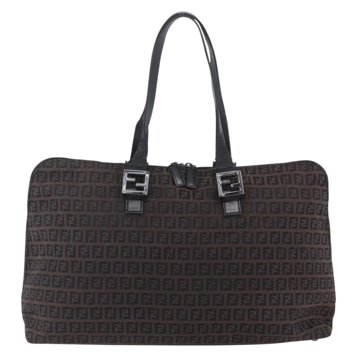 FENDI Zucchino Canvas Tote Bag Brown Silver Auth 153133