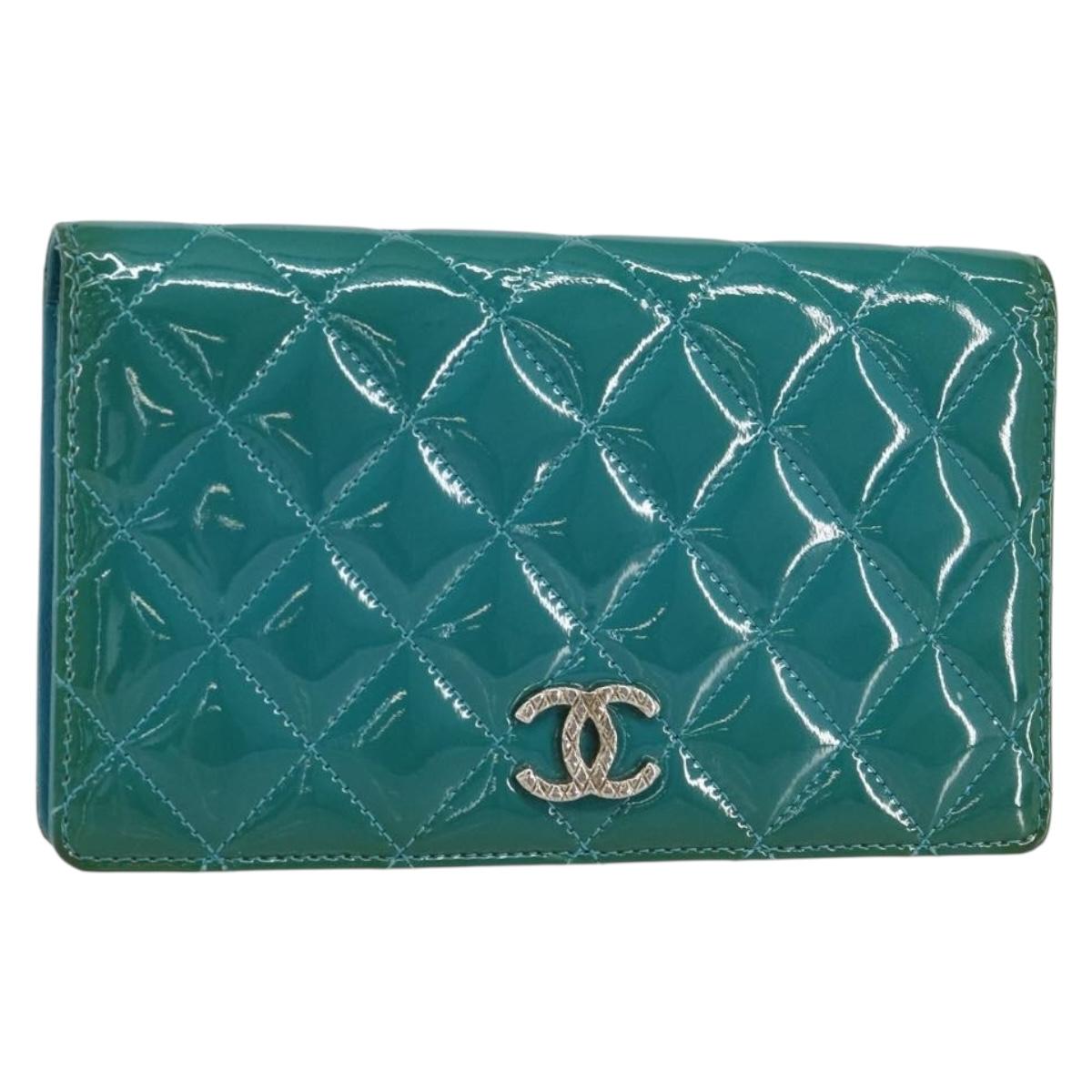CHANEL Matelasse Long Wallet Patent leather Blue Silver CC Auth 153143