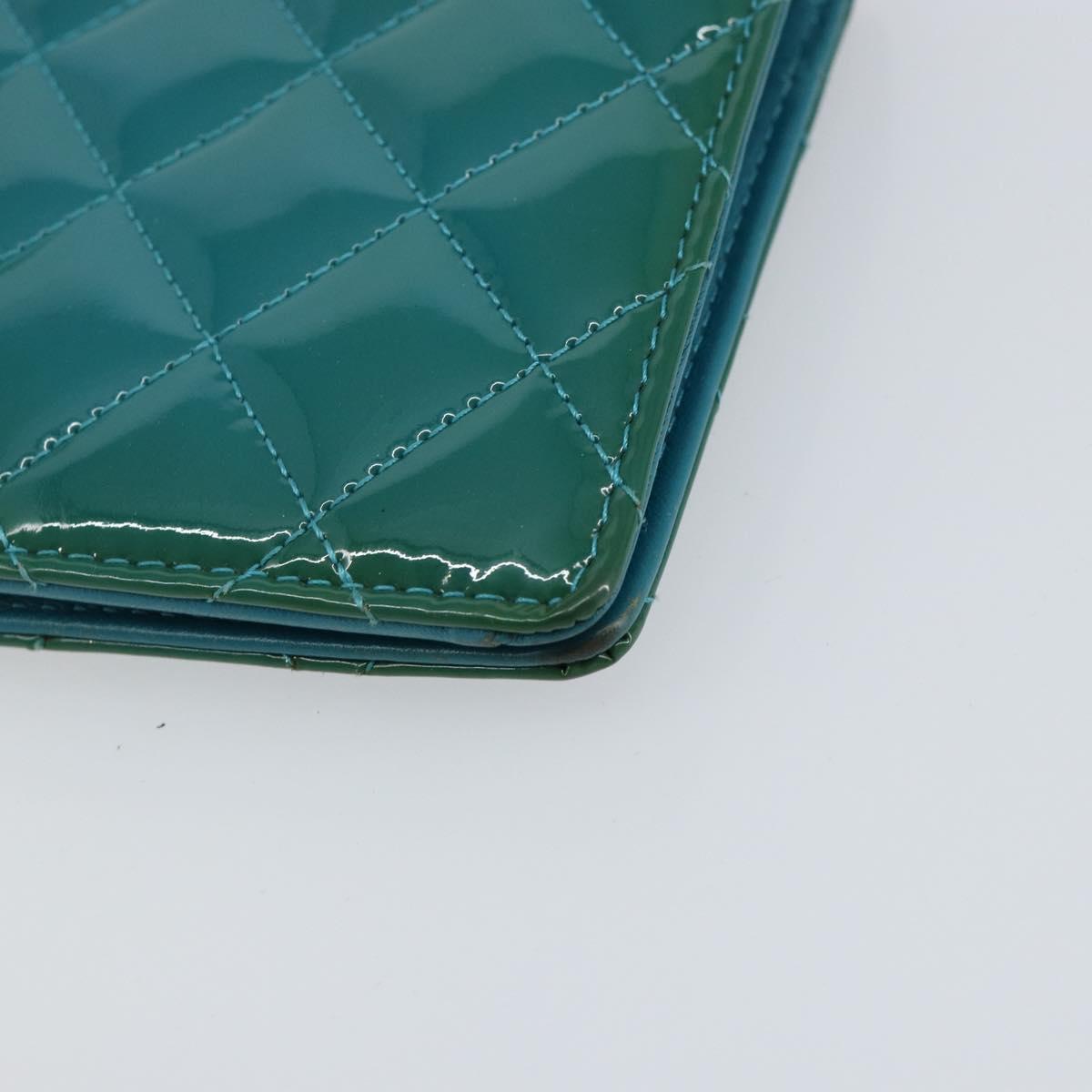 CHANEL Matelasse Long Wallet Patent leather Blue Silver CC Auth 153143