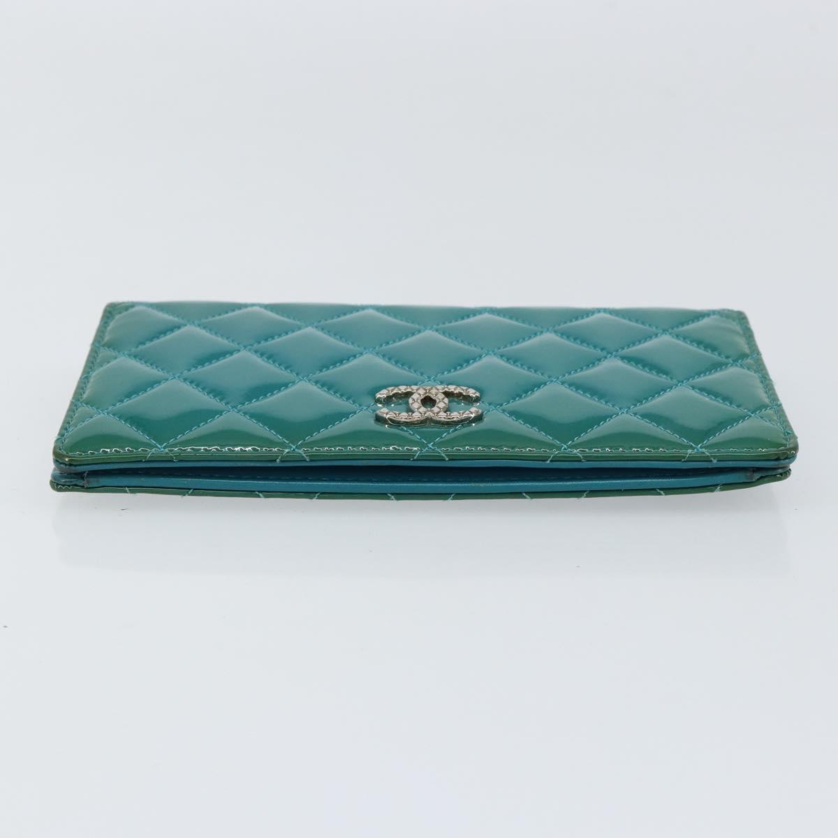 CHANEL Matelasse Long Wallet Patent leather Blue Silver CC Auth 153143