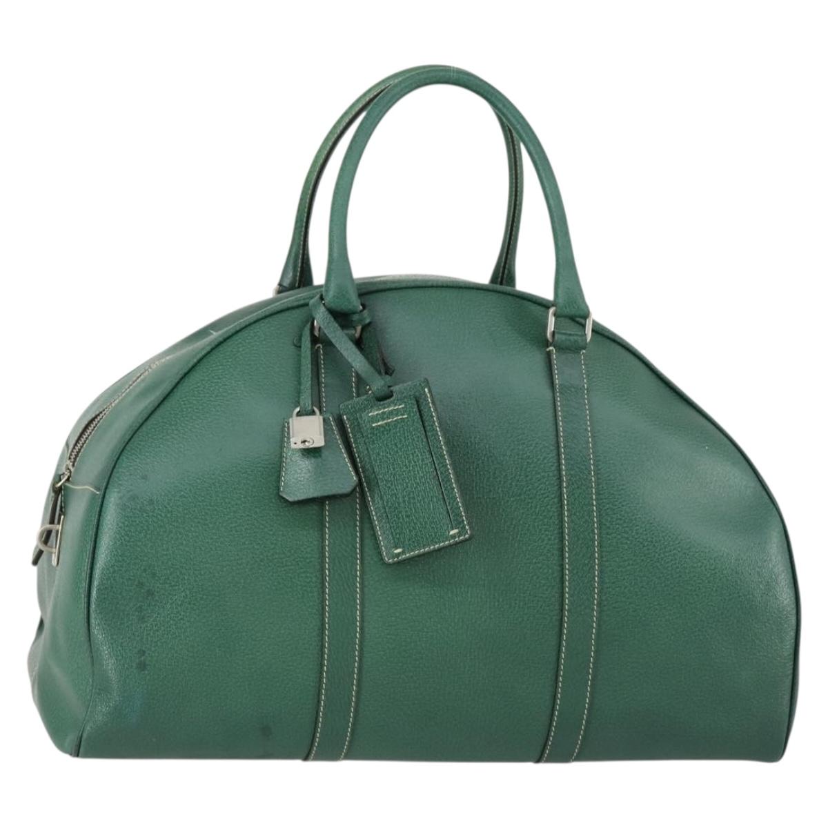 PRADA Boston Bag Leather Green Silver Auth 153161