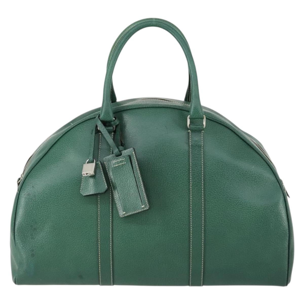 PRADA Boston Bag Leather Green Silver Auth 153161