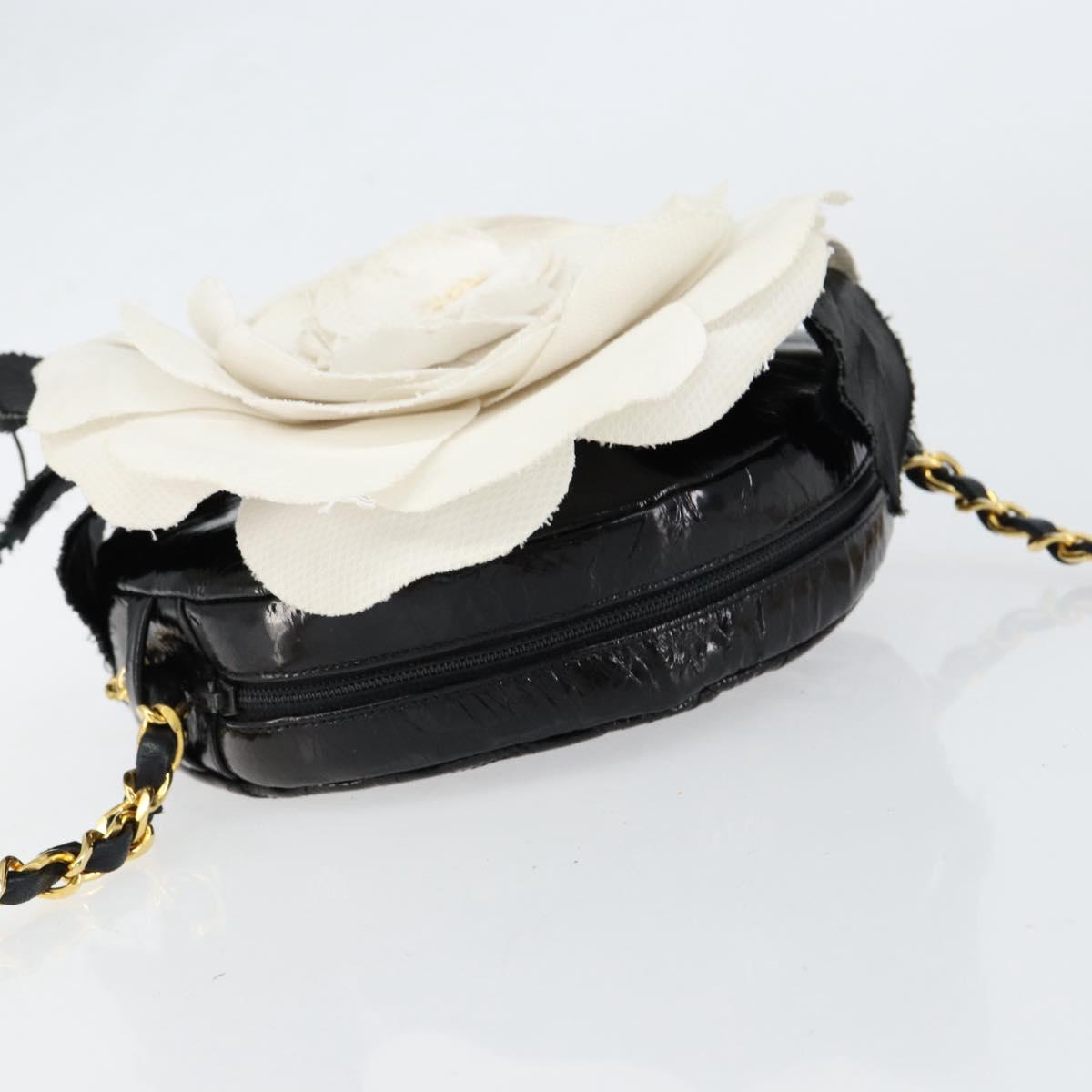 CHANEL Chain Camelia Shoulder Bag Patent Black Gold CC Auth 153180