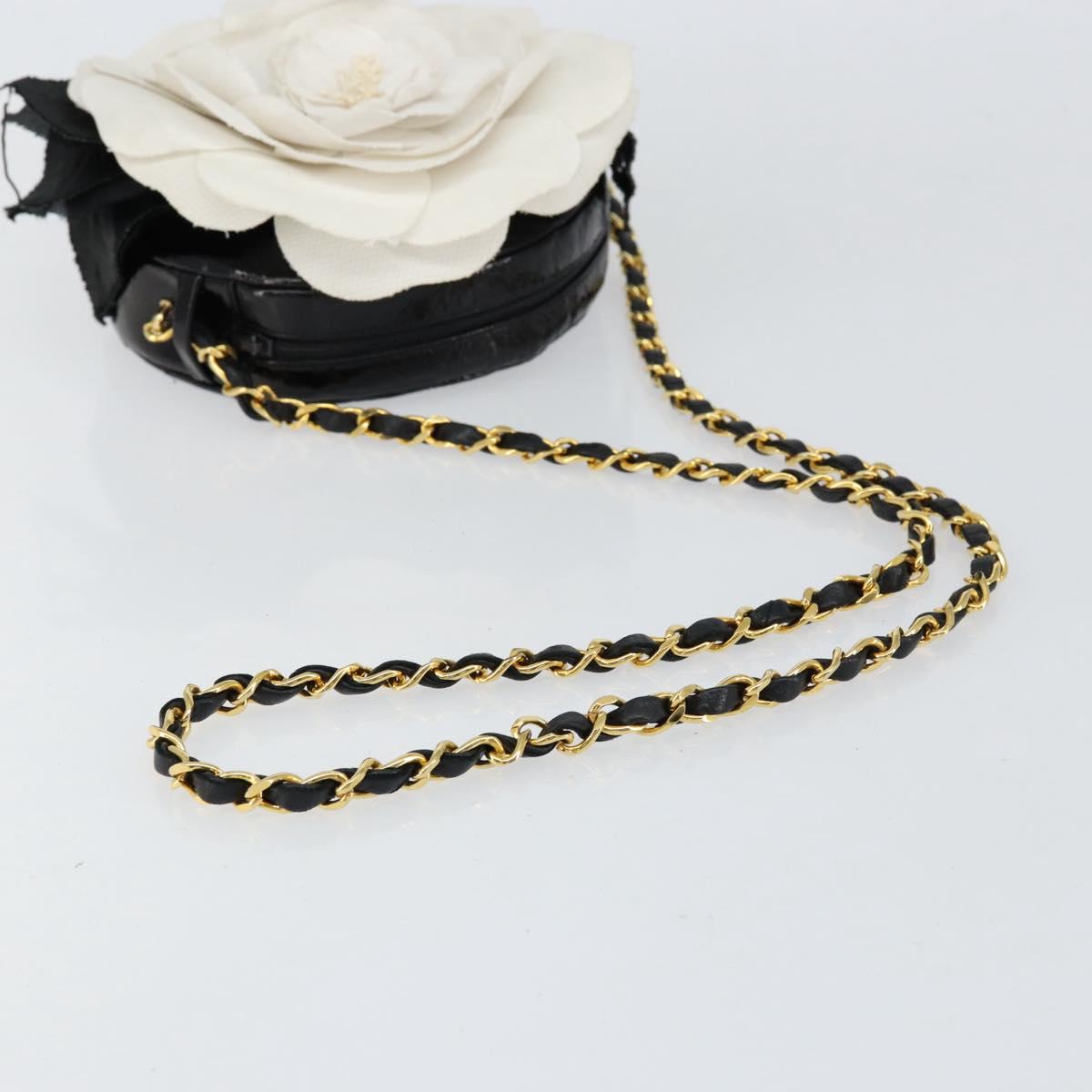 CHANEL Chain Camelia Shoulder Bag Patent Black Gold CC Auth 153180