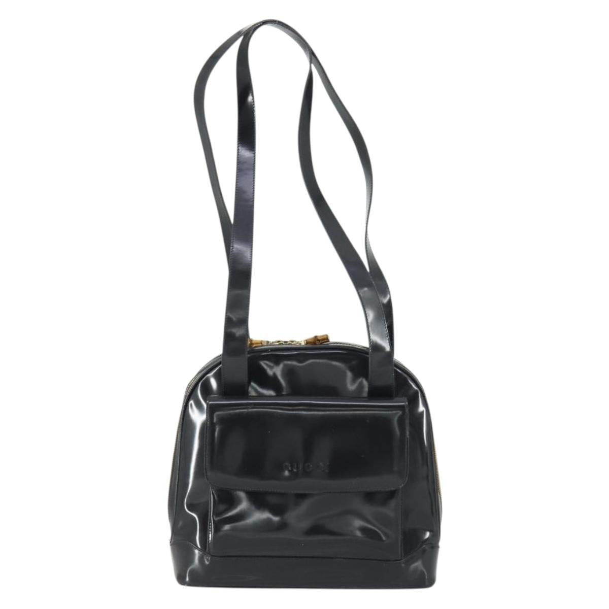 GUCCI Bamboo Tote Bag Patent leather Black Gold 001 3444 1650 Auth 153194