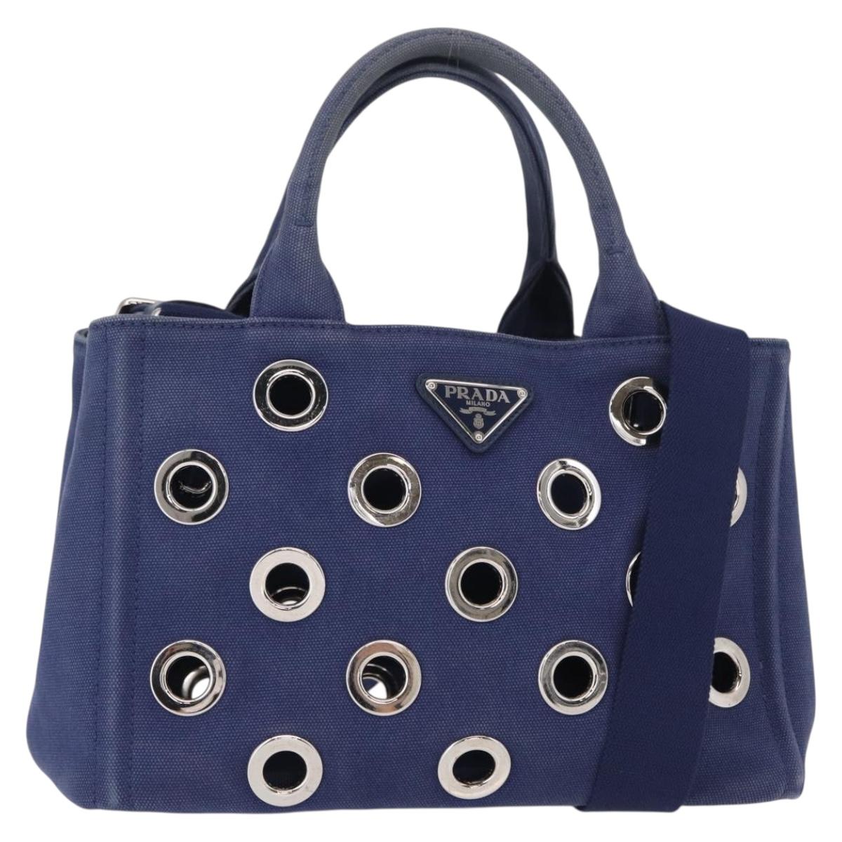 PRADA Canapa PM Hand Bag Canvas 2way Blue Silver Auth 153195