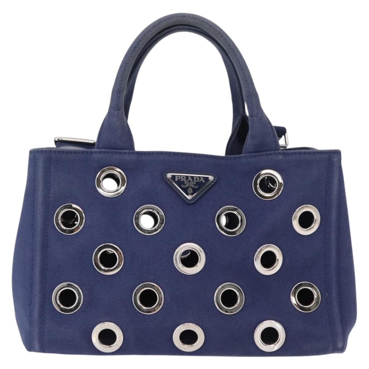 PRADA Canapa PM Hand Bag Canvas 2way Blue Silver Auth 153195