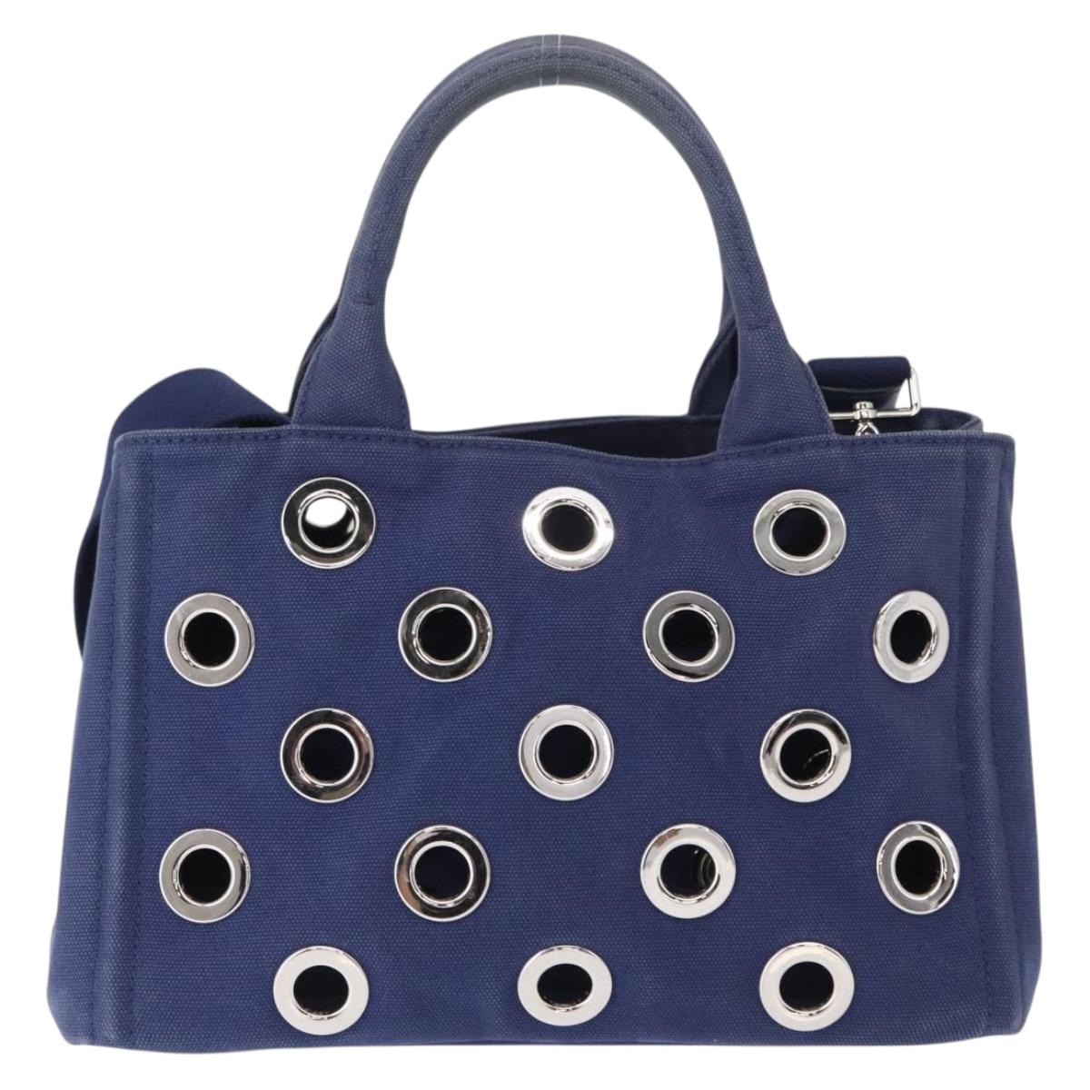 PRADA Canapa PM Hand Bag Canvas 2way Blue Silver Auth 153195A