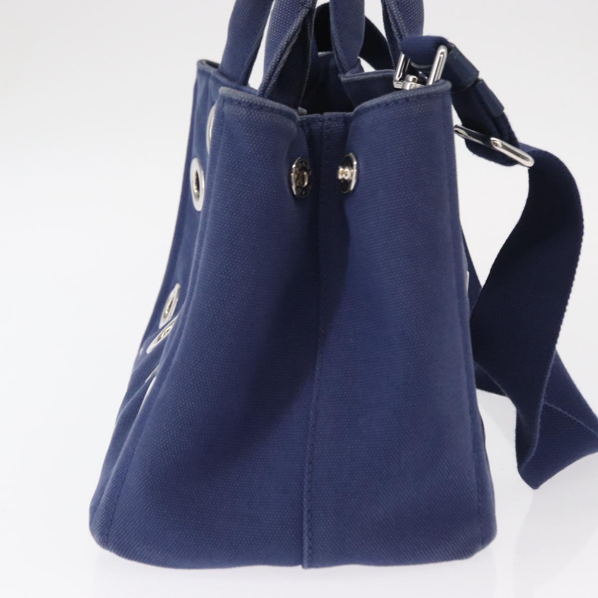 PRADA Canapa PM Hand Bag Canvas 2way Blue Silver Auth 153195A