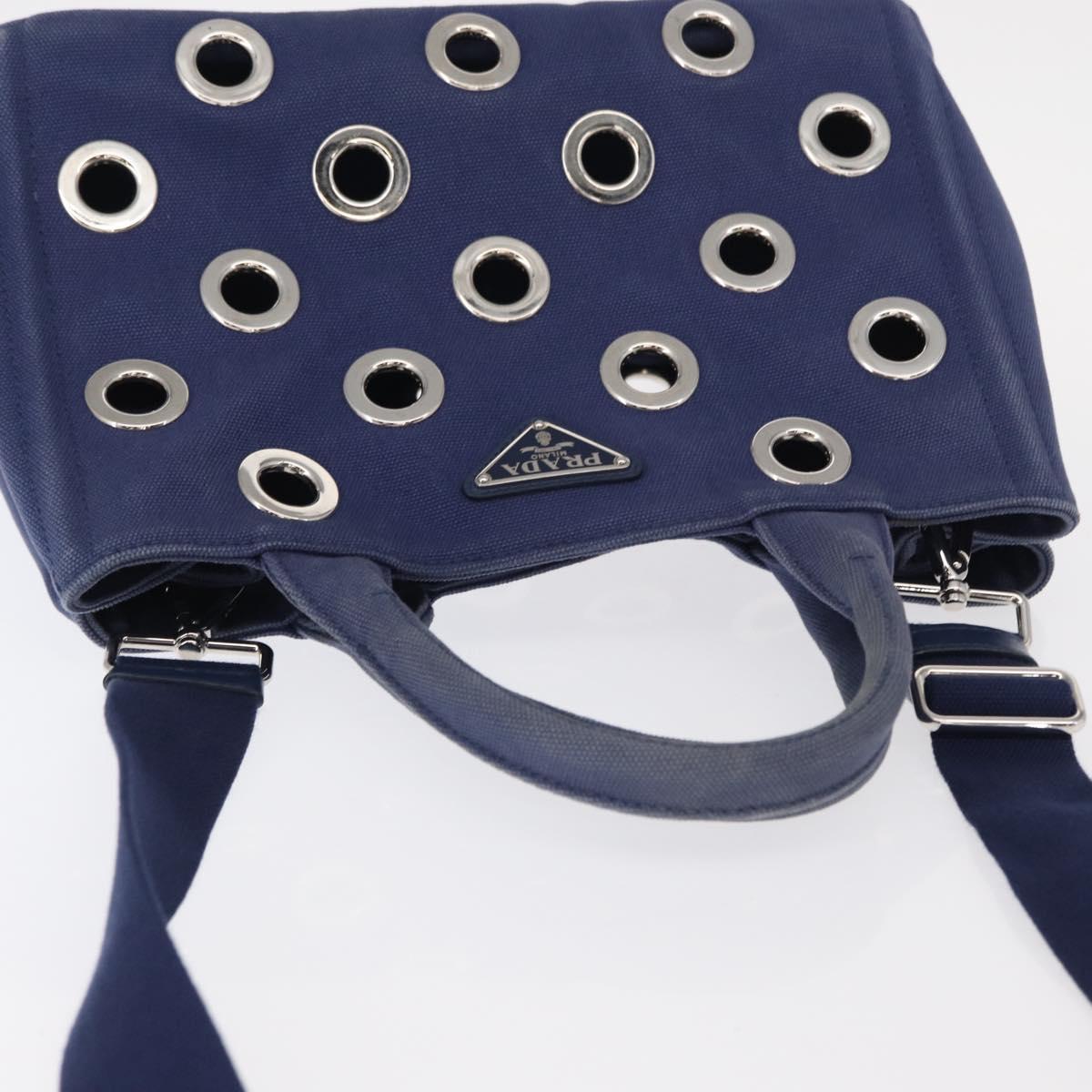 PRADA Canapa PM Hand Bag Canvas 2way Blue Silver Auth 153195A
