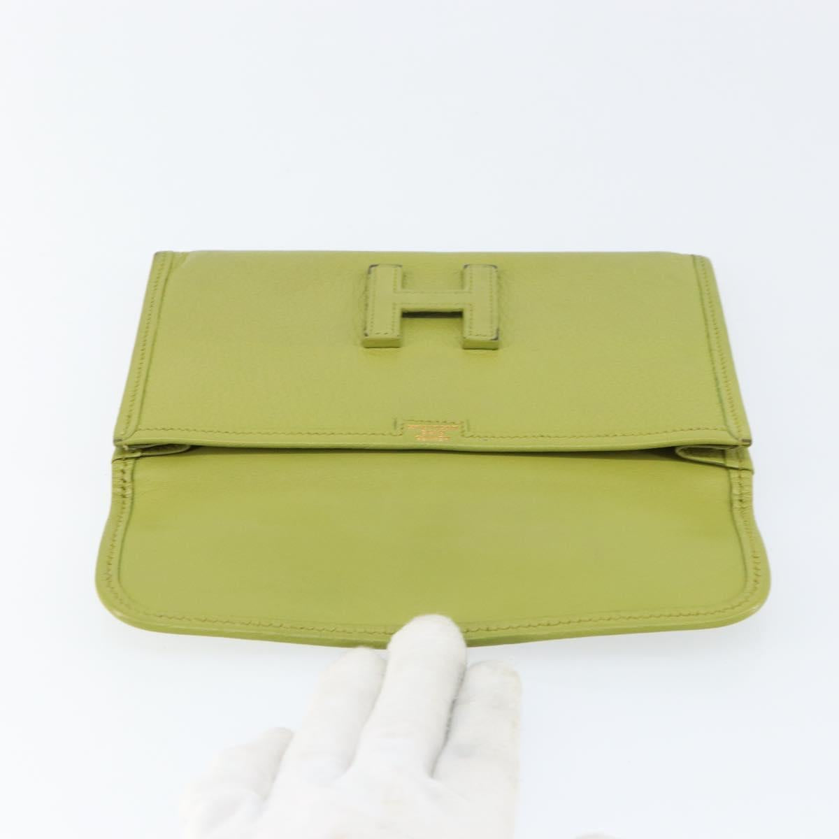 HERMES Jige Duo Clutch Bag Leather LIme Green Auth 153228
