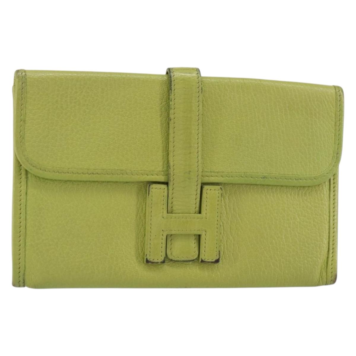 HERMES Jige Duo Clutch Bag Leather LIme Green Auth 153228