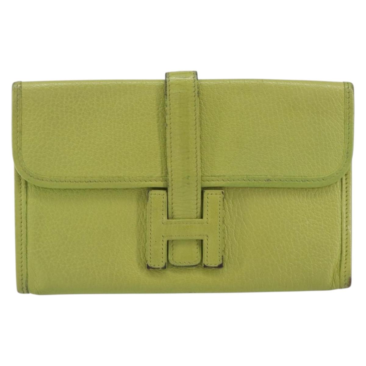 HERMES Jige Duo Clutch Bag Leather LIme Green Auth 153228