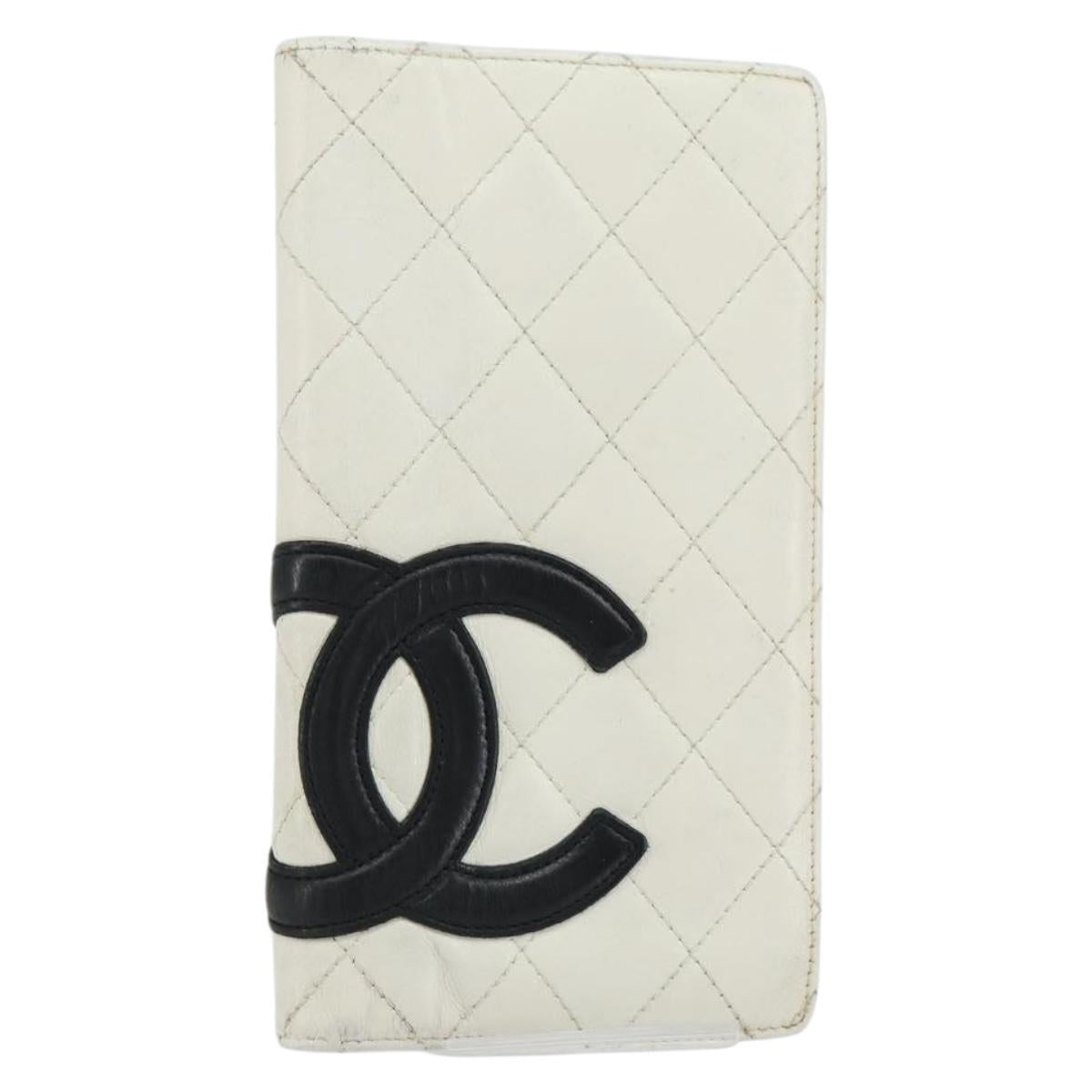 CHANEL Cambon Line Long Wallet Leather White CC Auth 153229