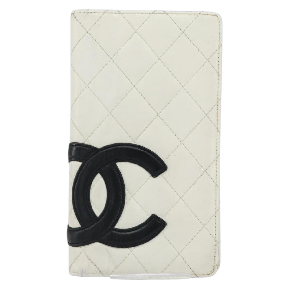 CHANEL Cambon Line Long Wallet Leather White CC Auth 153229