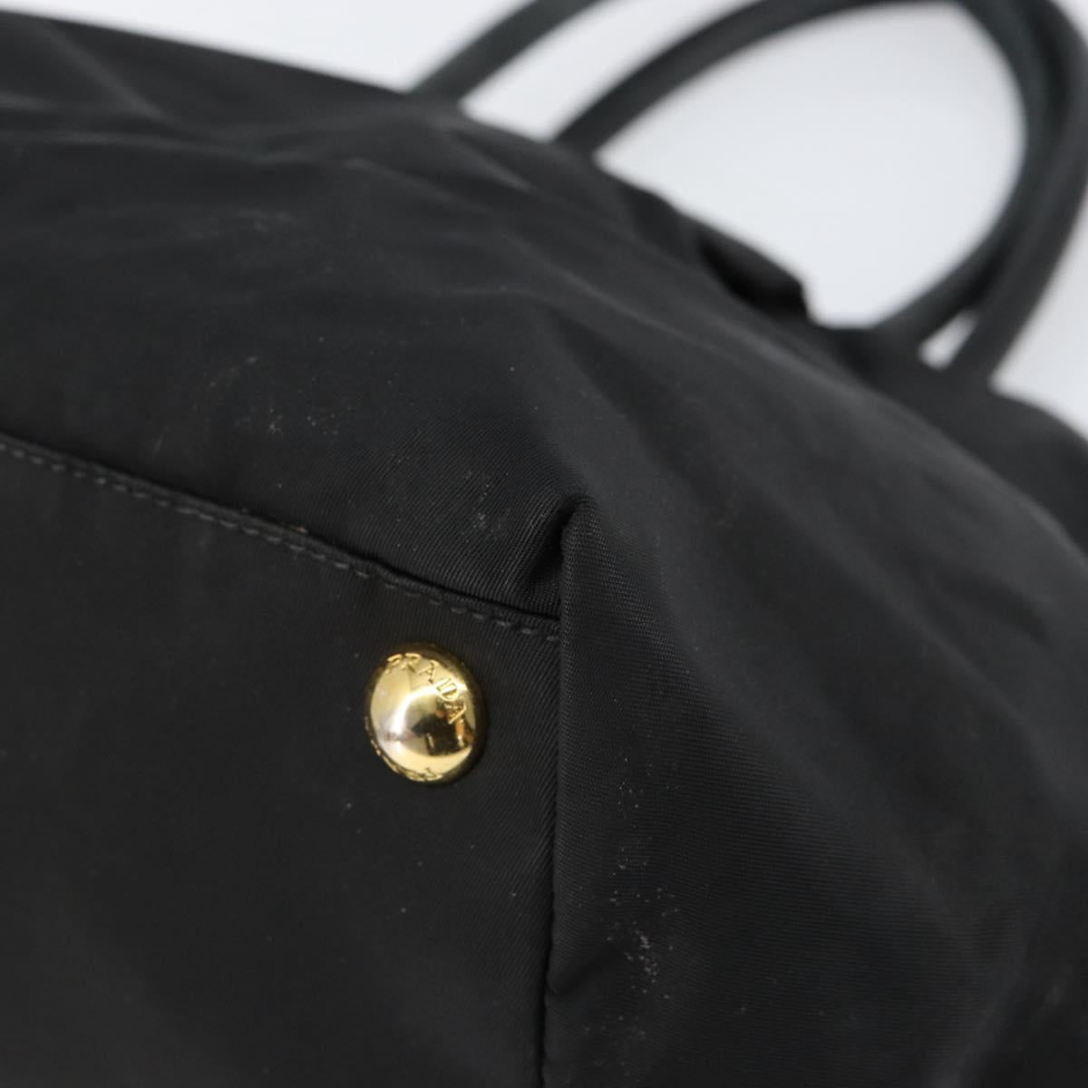 PRADA ribbon Hand Bag Nylon Leather Black Gold Auth 153236