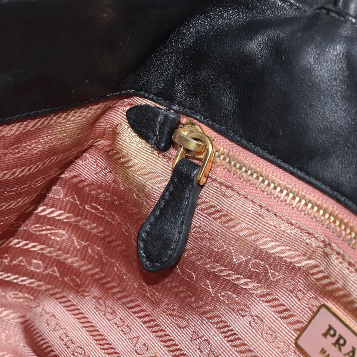 PRADA ribbon Hand Bag Nylon Leather Black Gold Auth 153236