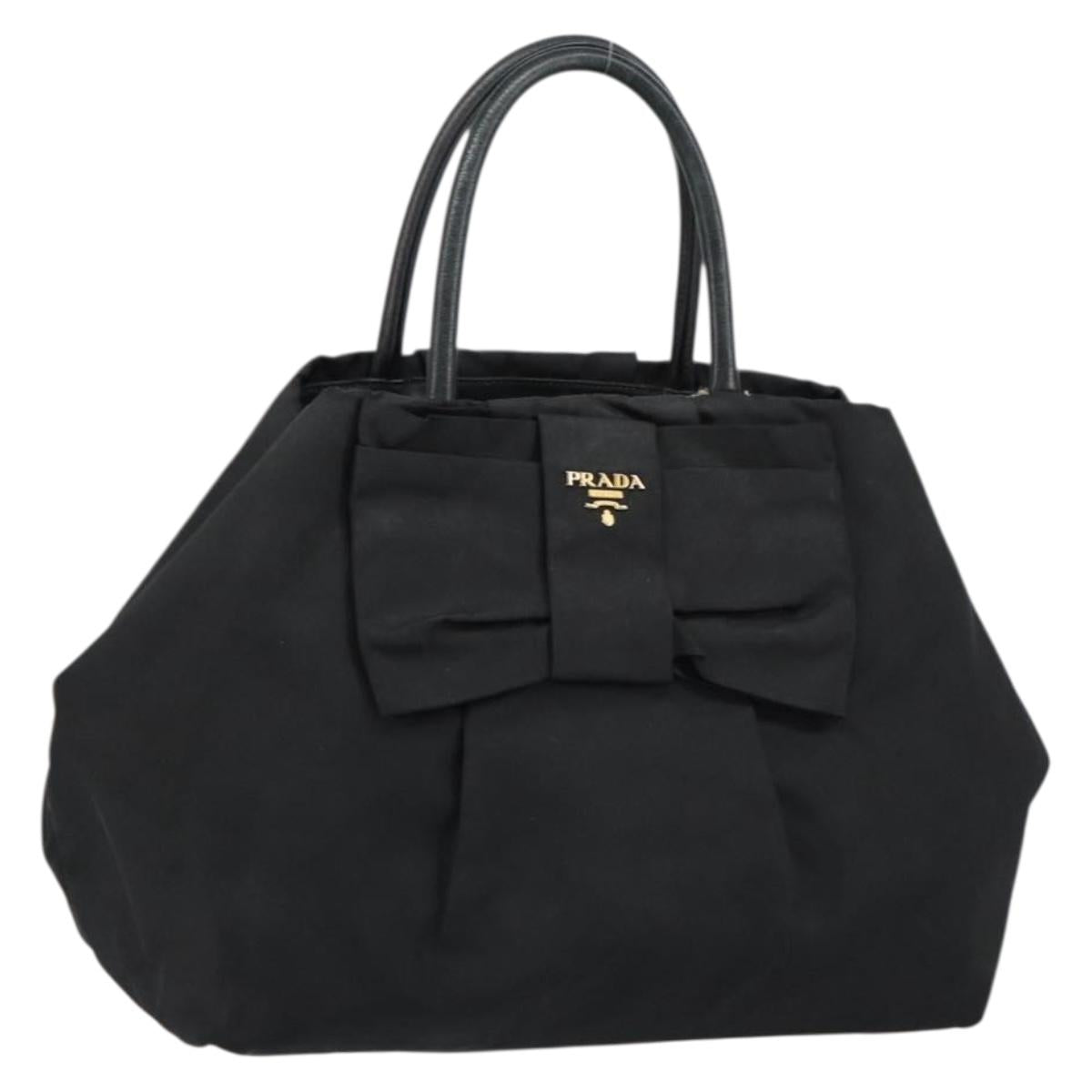 PRADA ribbon Hand Bag Nylon Leather Black Gold Auth 153236